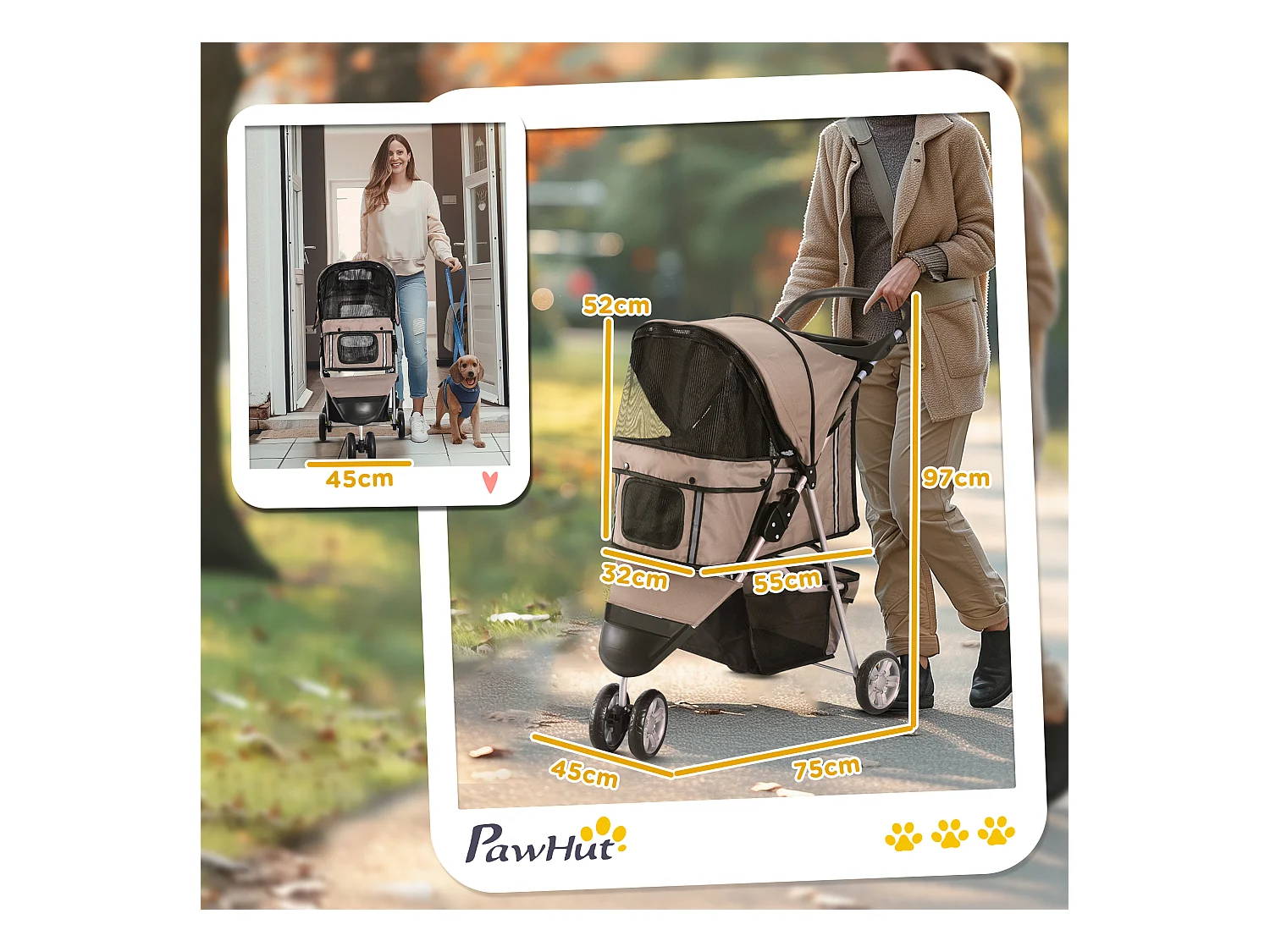 Chariot pliable pour chien et chat, design pratique, tissu oxford résistant, couleur café (75x45x97 cm)