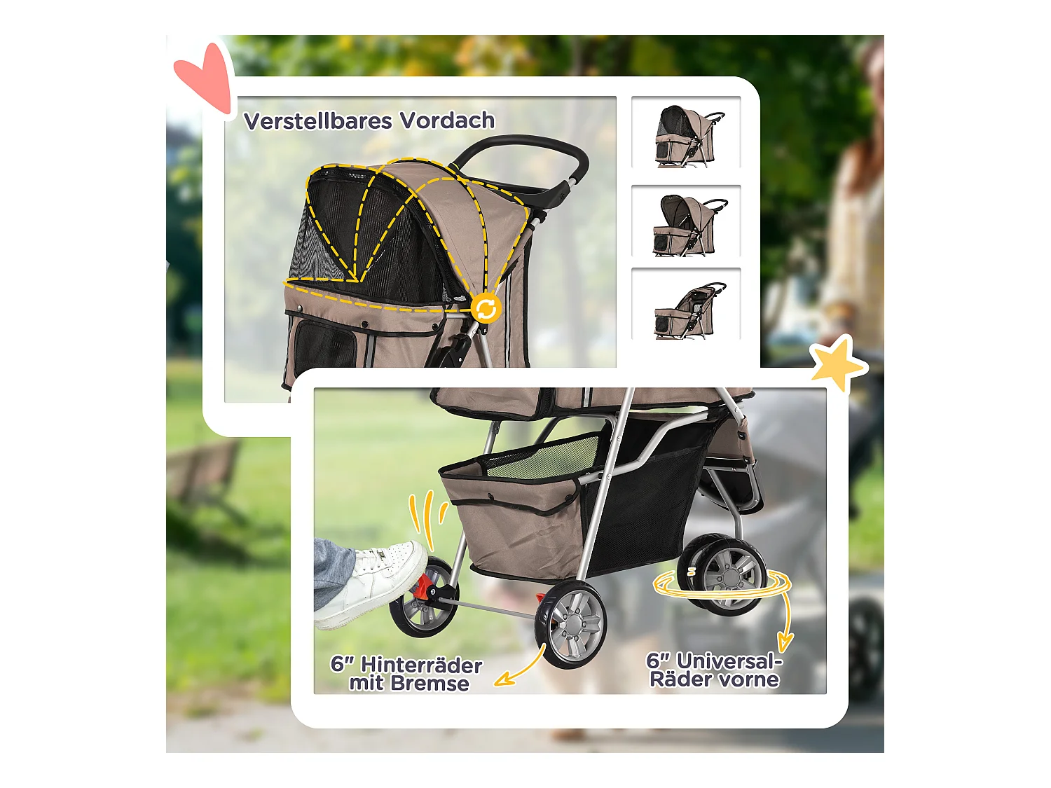 Chariot pliable pour chien et chat, design pratique, tissu oxford résistant, couleur café (75x45x97 cm)