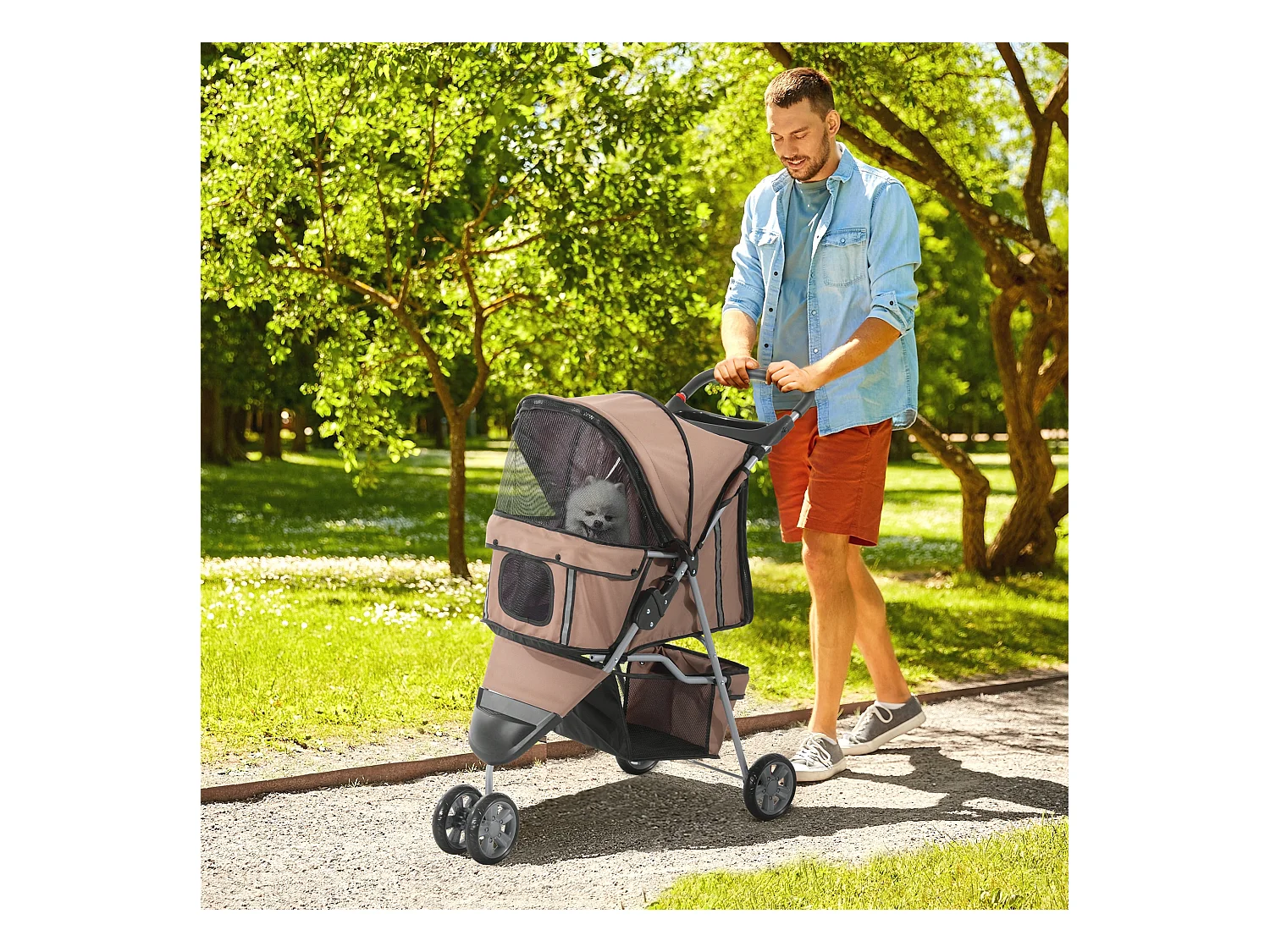 Chariot pliable pour chien et chat, design pratique, tissu oxford résistant, couleur café (75x45x97 cm)