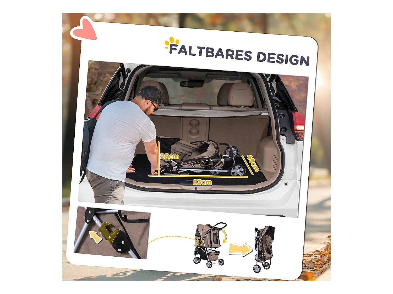 Chariot pliable pour chien et chat, design pratique, tissu oxford résistant, couleur café (75x45x97 cm)