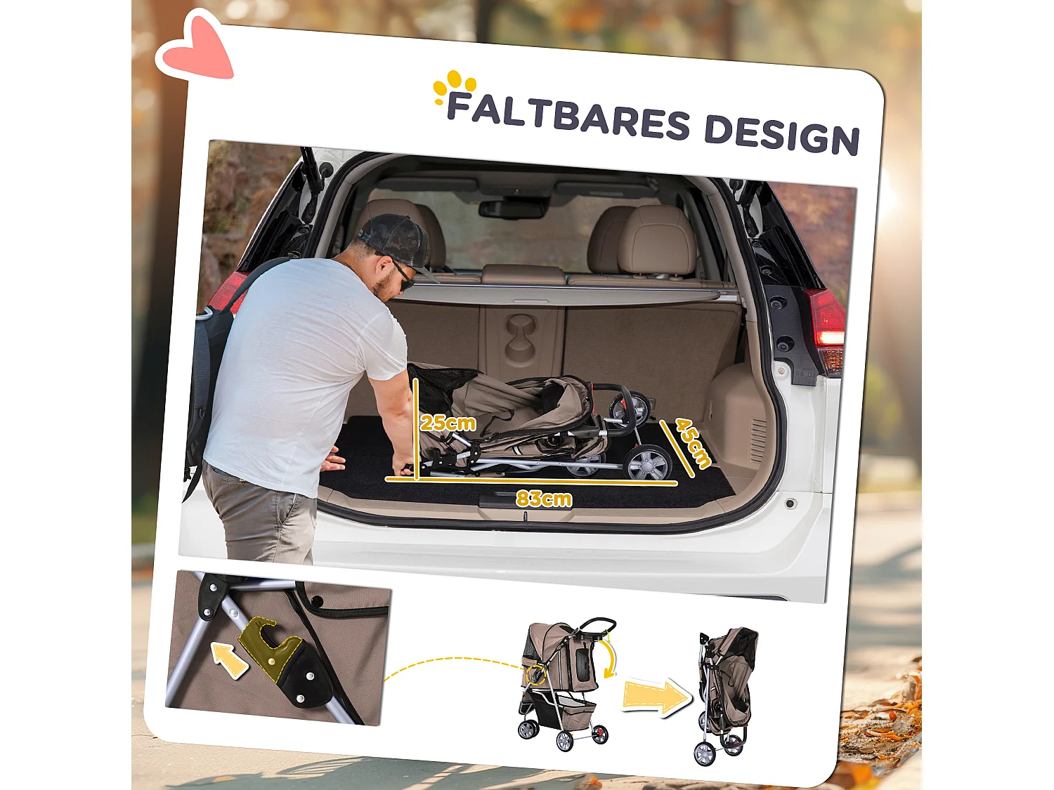 Chariot pliable pour chien et chat, design pratique, tissu oxford résistant, couleur café (75x45x97 cm)