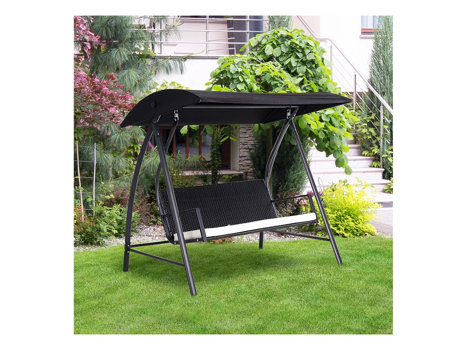 Columpio de jardín de 3 plazas con techo, fabricado en polirratán y metal, color negro (198x124x179cm)