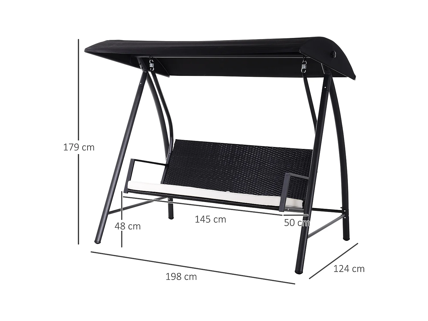 Columpio de jardín de 3 plazas con techo, fabricado en polirratán y metal, color negro (198x124x179cm)