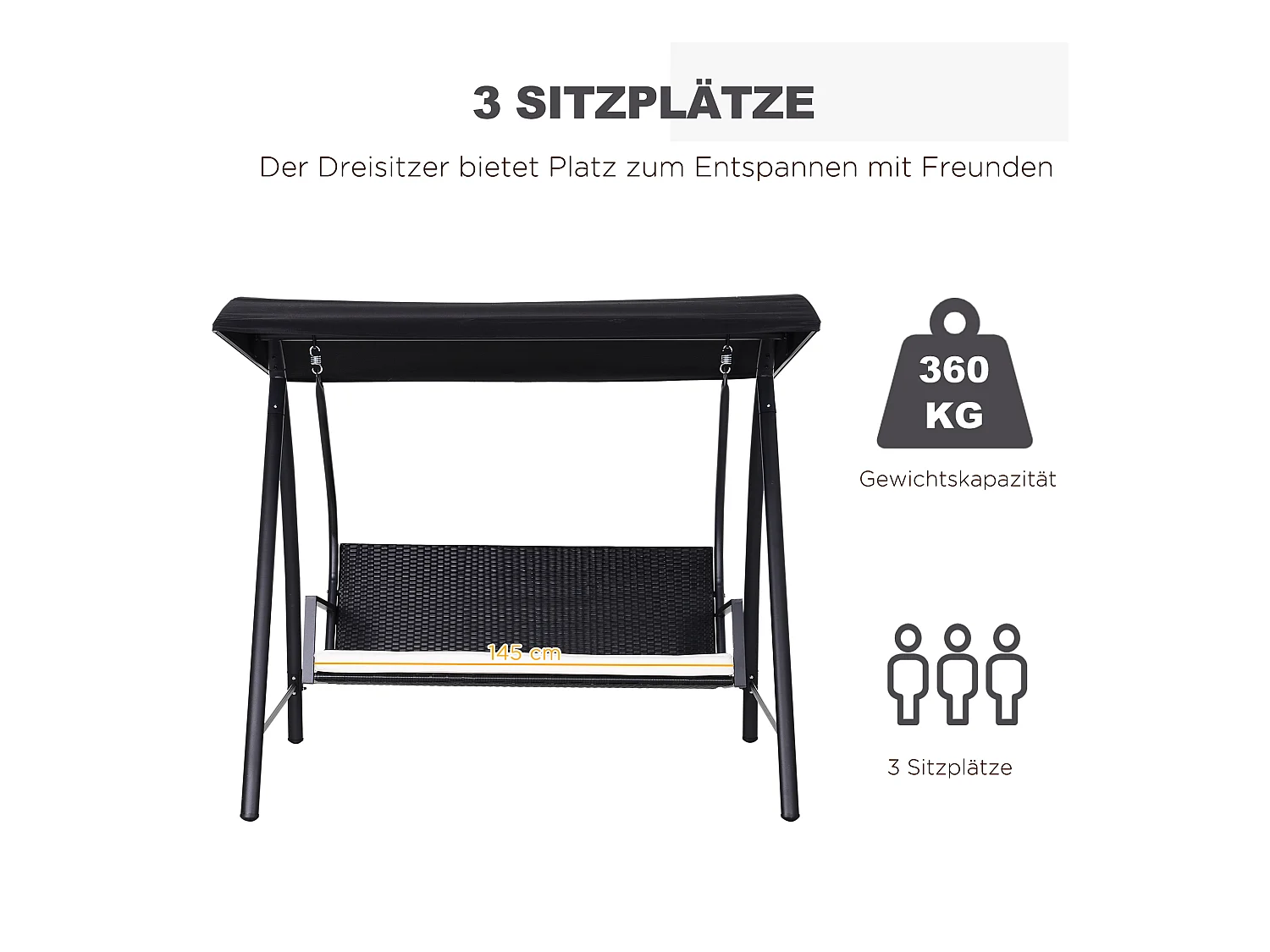 Columpio de jardín de 3 plazas con techo, fabricado en polirratán y metal, color negro (198x124x179cm)