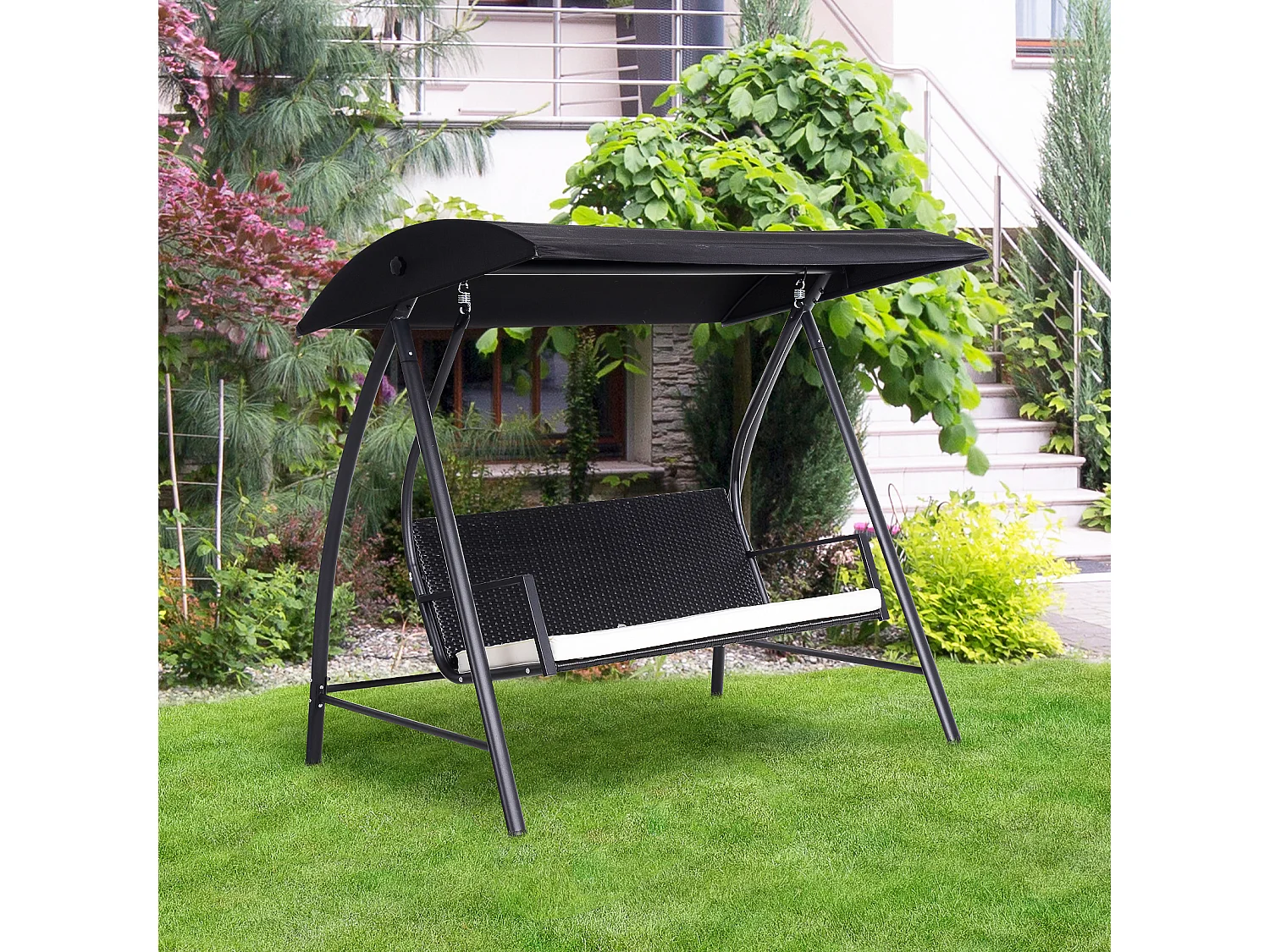 Columpio de jardín de 3 plazas con techo, fabricado en polirratán y metal, color negro (198x124x179cm)