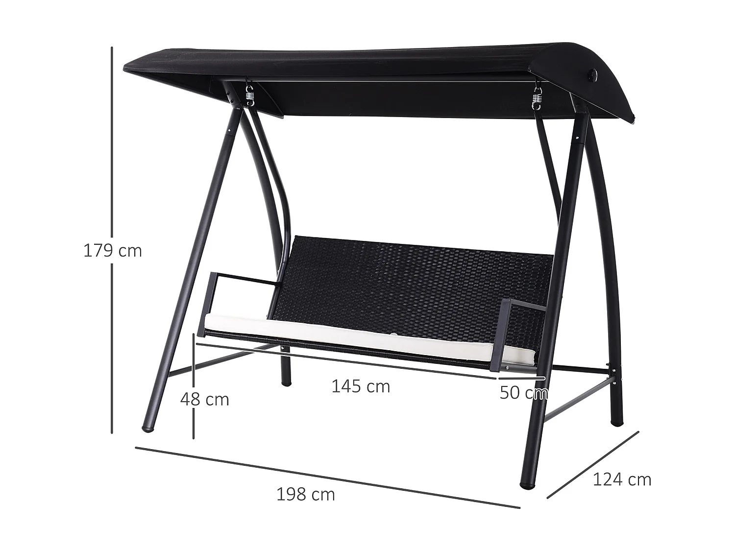 Columpio de jardín de 3 plazas con techo, fabricado en polirratán y metal, color negro (198x124x179cm)