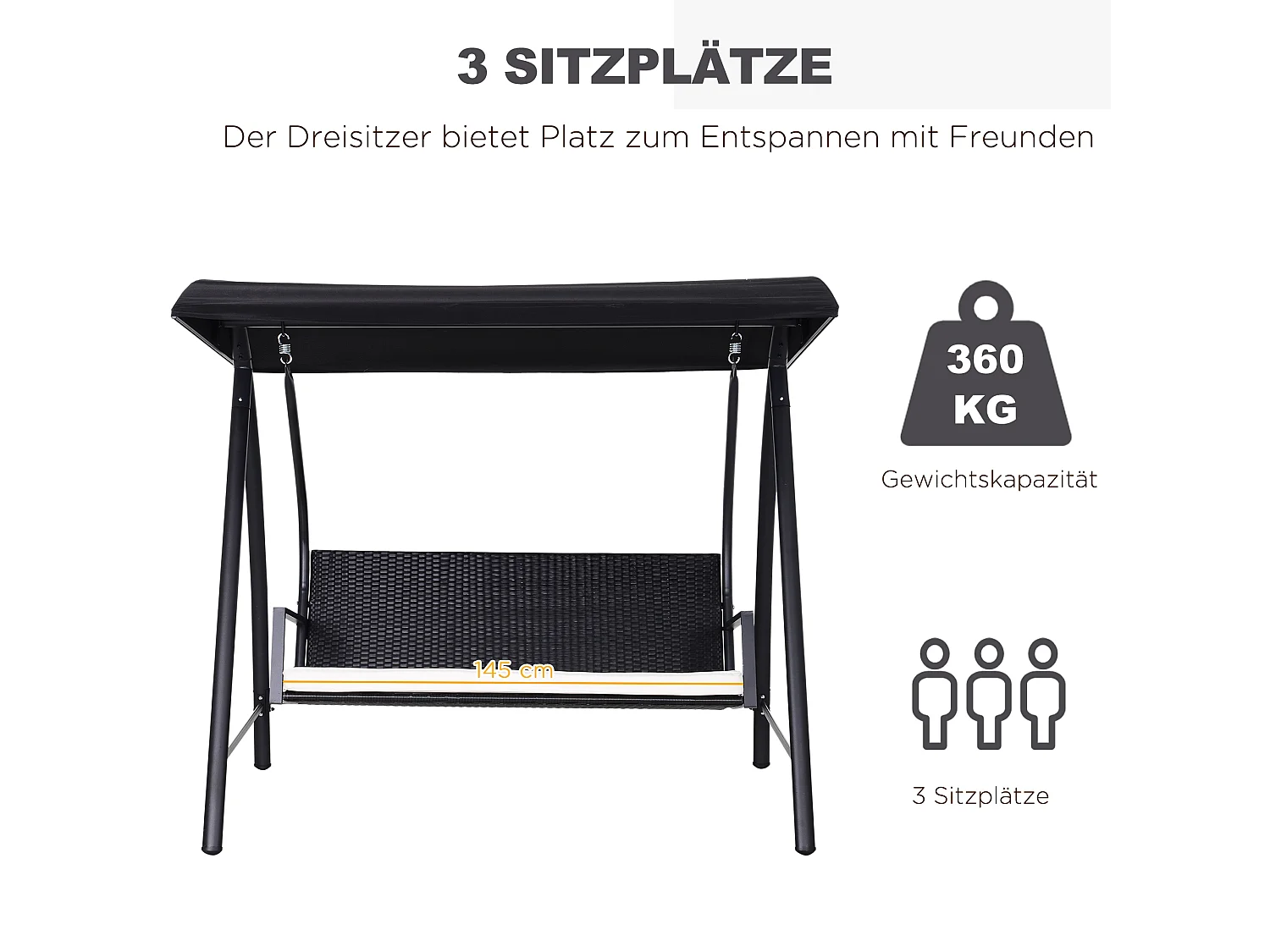 Columpio de jardín de 3 plazas con techo, fabricado en polirratán y metal, color negro (198x124x179cm)