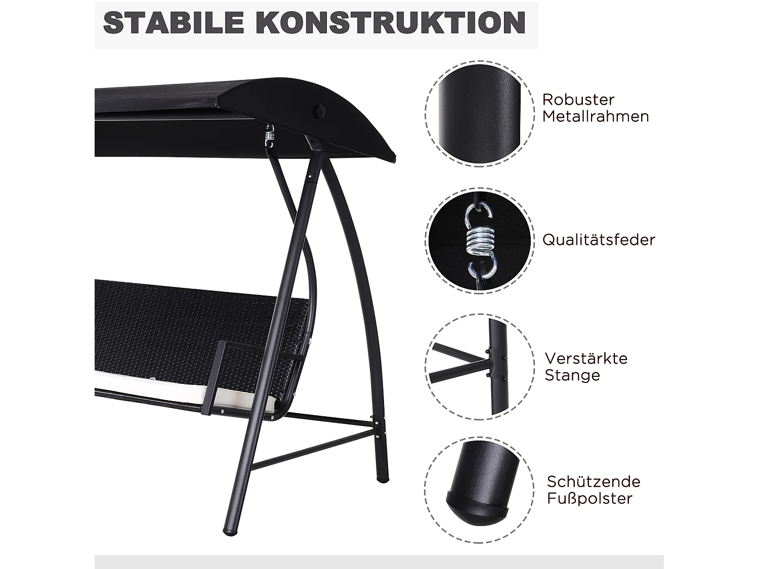 Columpio de jardín de 3 plazas con techo, fabricado en polirratán y metal, color negro (198x124x179cm)