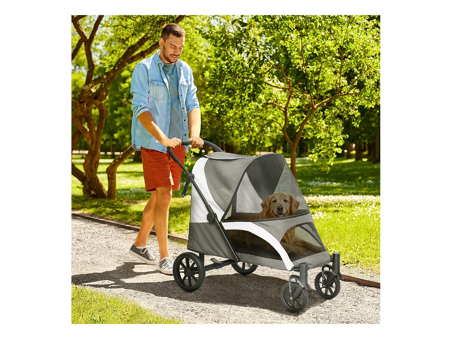 Poussette pliante pour chien et chat jusqu'à 30 kg, polyester, gris foncé (124x67x100 cm)