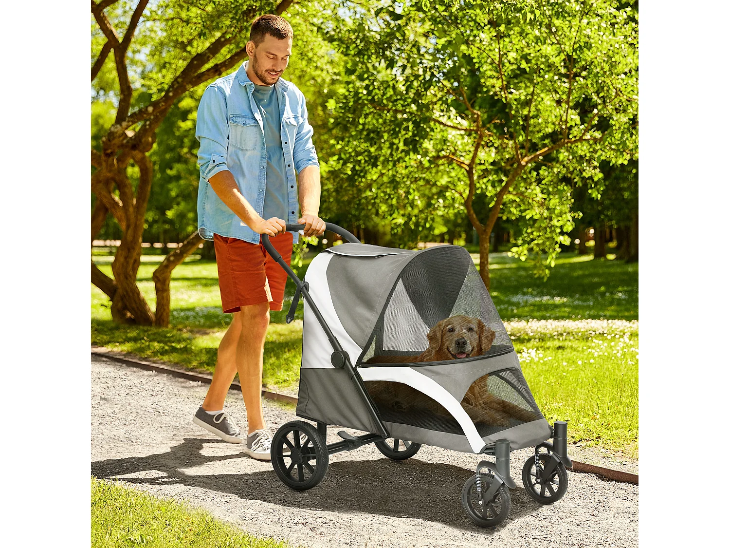 Poussette pliante pour chien et chat jusqu'à 30 kg, polyester, gris foncé (124x67x100 cm)