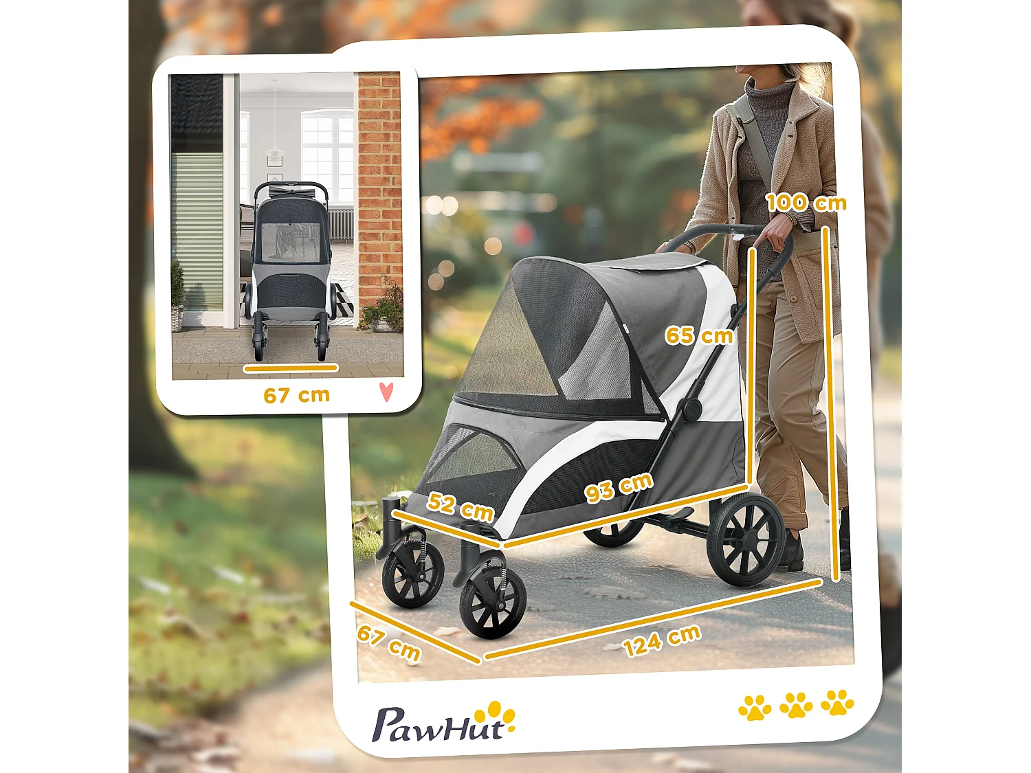 Poussette pliante pour chien et chat jusqu'à 30 kg, polyester, gris foncé (124x67x100 cm)