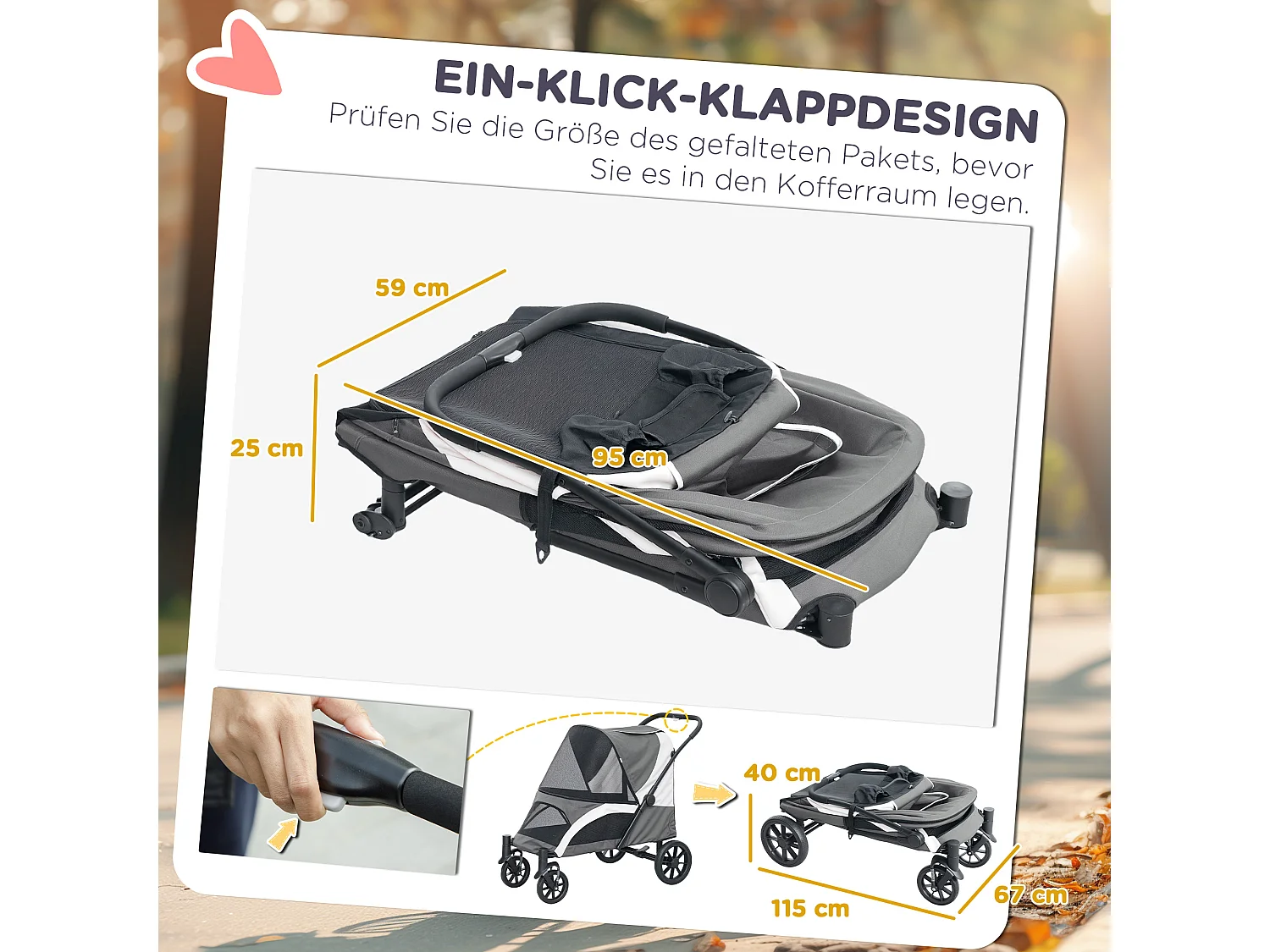 Poussette pliante pour chien et chat jusqu'à 30 kg, polyester, gris foncé (124x67x100 cm)