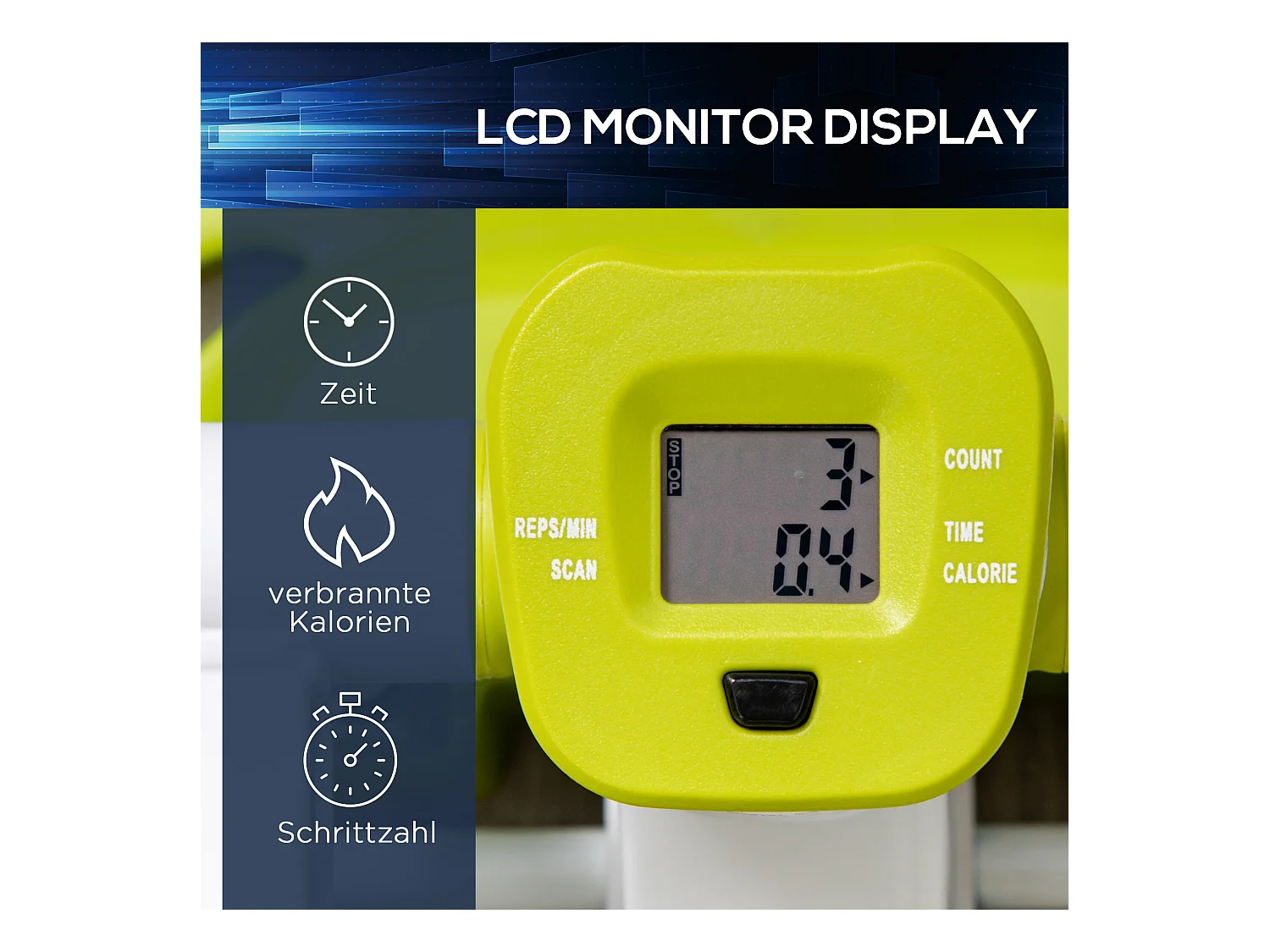 Mini stepper antidérapant avec écran LCD, double pédales, cadre acier, jaune (48x34x21cm)