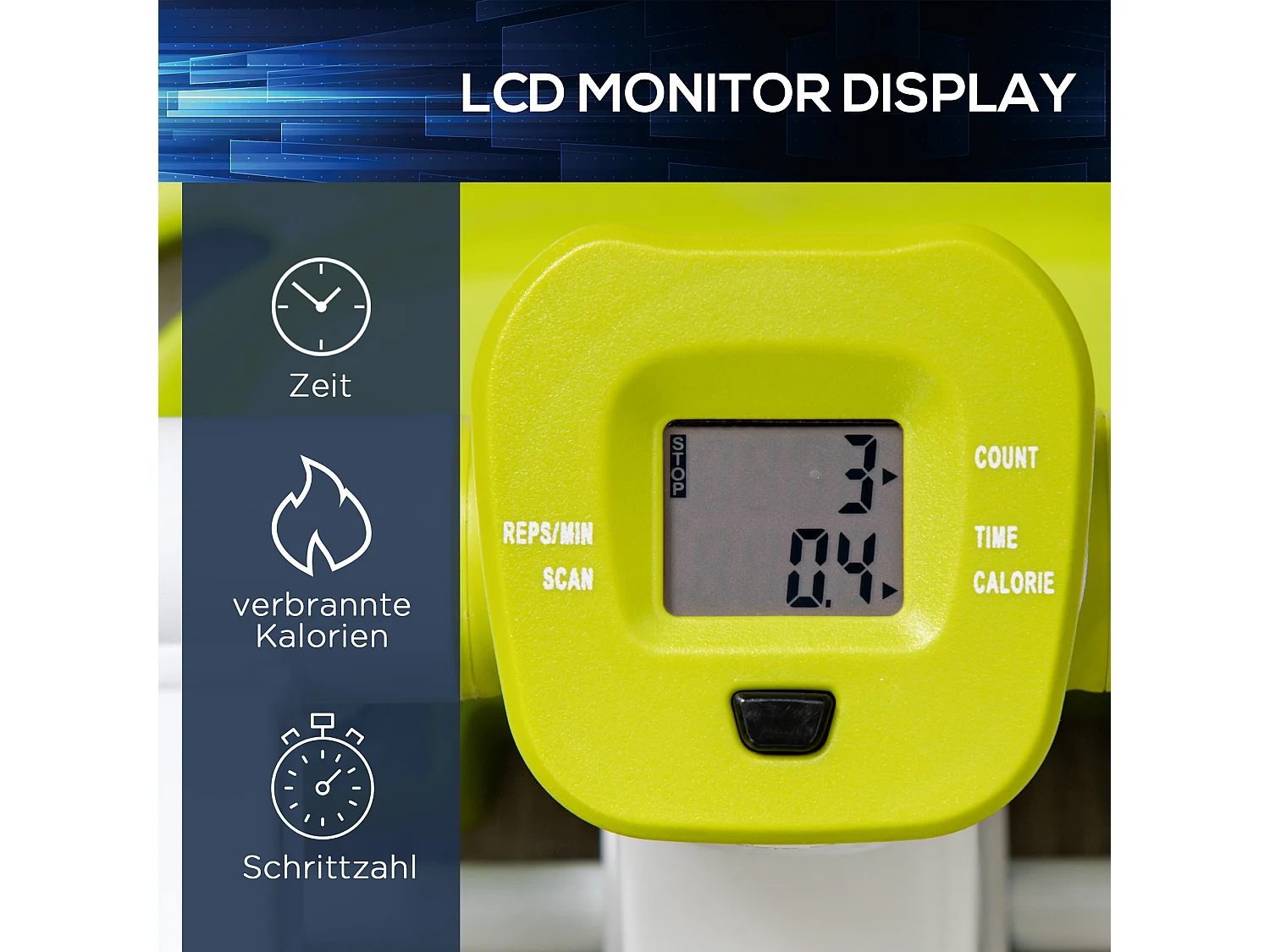 Mini stepper antidérapant avec écran LCD, double pédales, cadre acier, jaune (48x34x21cm)