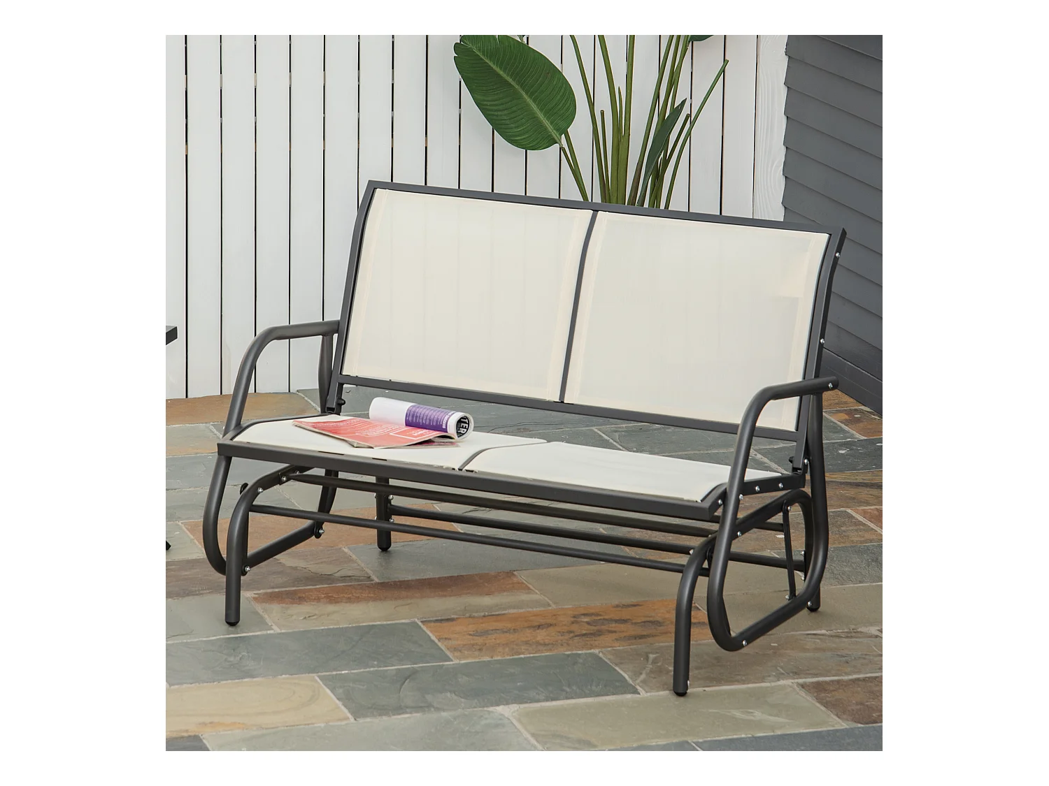 Banco de jardín balancín de 2 plazas, de metal, negro y beige, con función de balanceo (120x70x85cm)