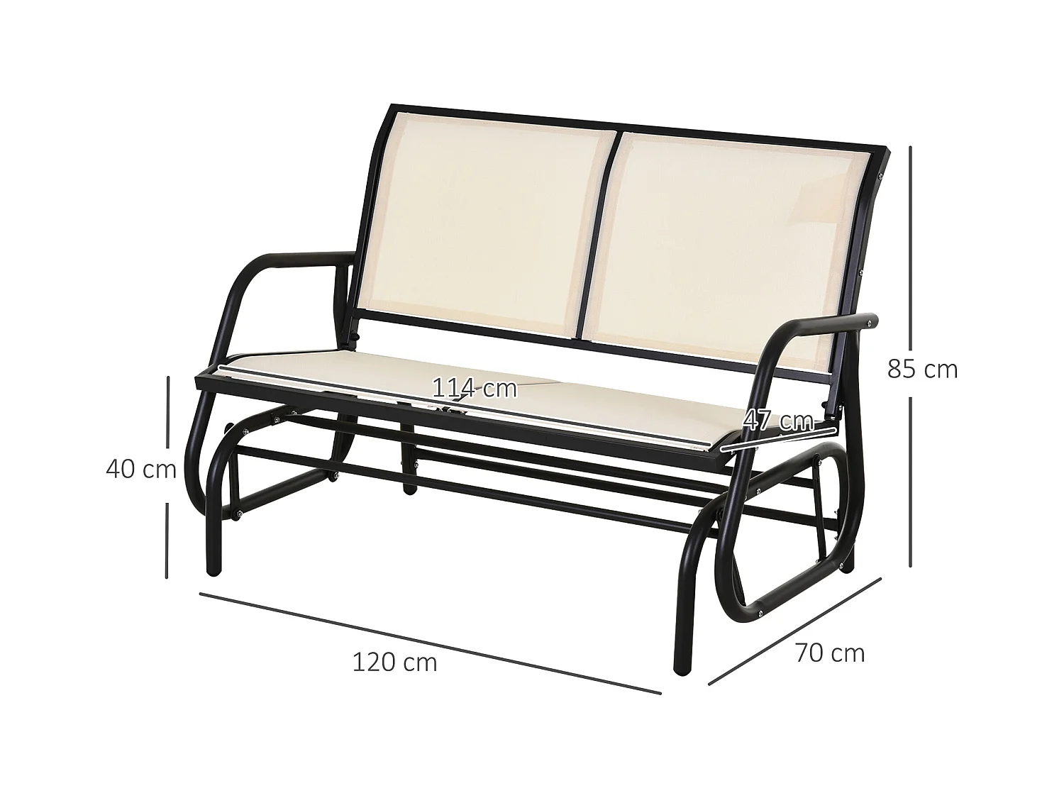 Banco de jardín balancín de 2 plazas, de metal, negro y beige, con función de balanceo (120x70x85cm)