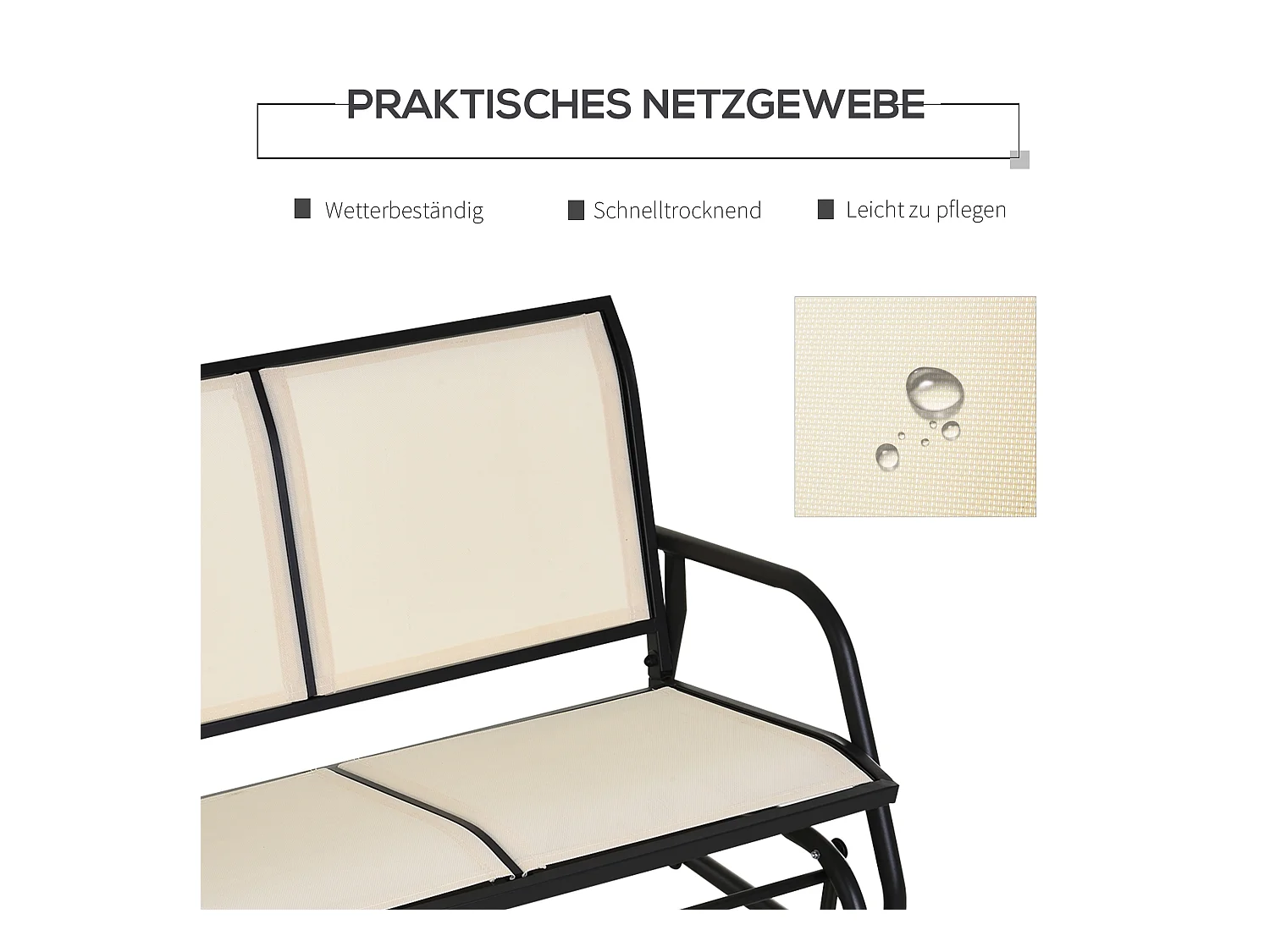 Banco de jardín balancín de 2 plazas, de metal, negro y beige, con función de balanceo (120x70x85cm)