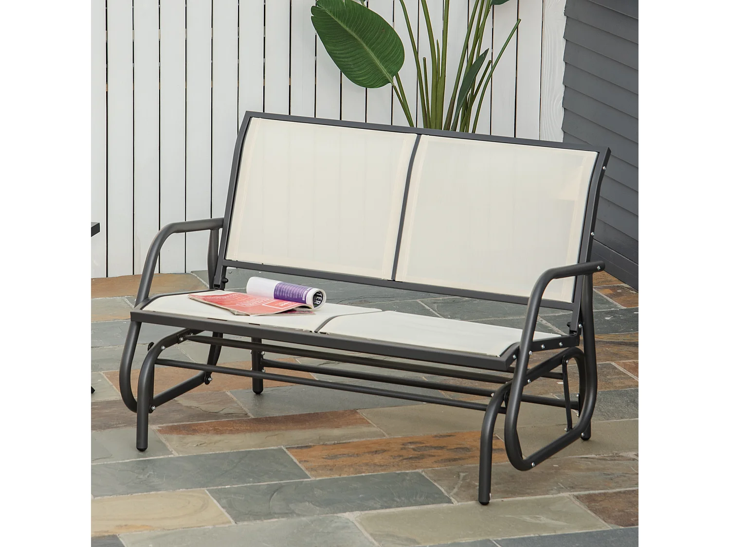 2-zits schommelbank voor in de tuin, metaal, zwart en beige, met schommelfunctie (120x70x85cm)