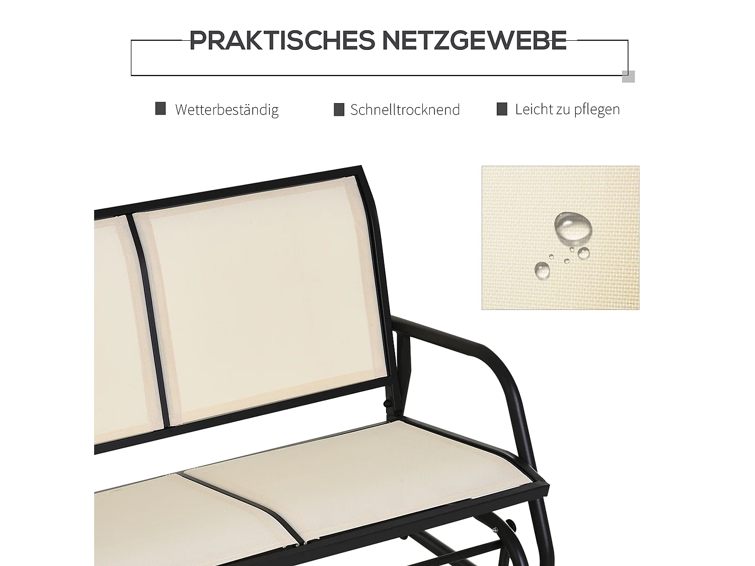 2-zits schommelbank voor in de tuin, metaal, zwart en beige, met schommelfunctie (120x70x85cm)