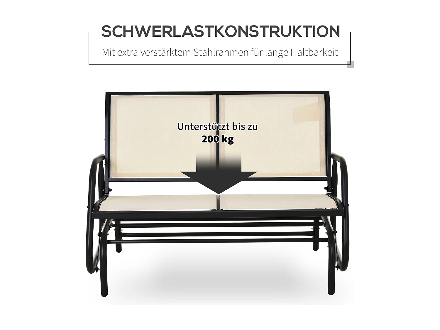 2-zits schommelbank voor in de tuin, metaal, zwart en beige, met schommelfunctie (120x70x85cm)