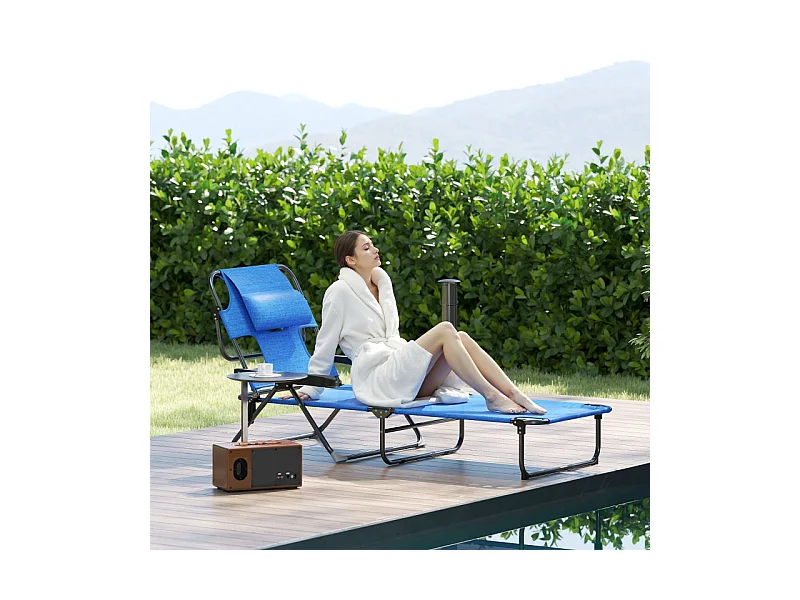 Tumbona plegable, regulable y resistente a la intemperie, de poliéster, color negro y azul oscuro (194x72x31 cm)