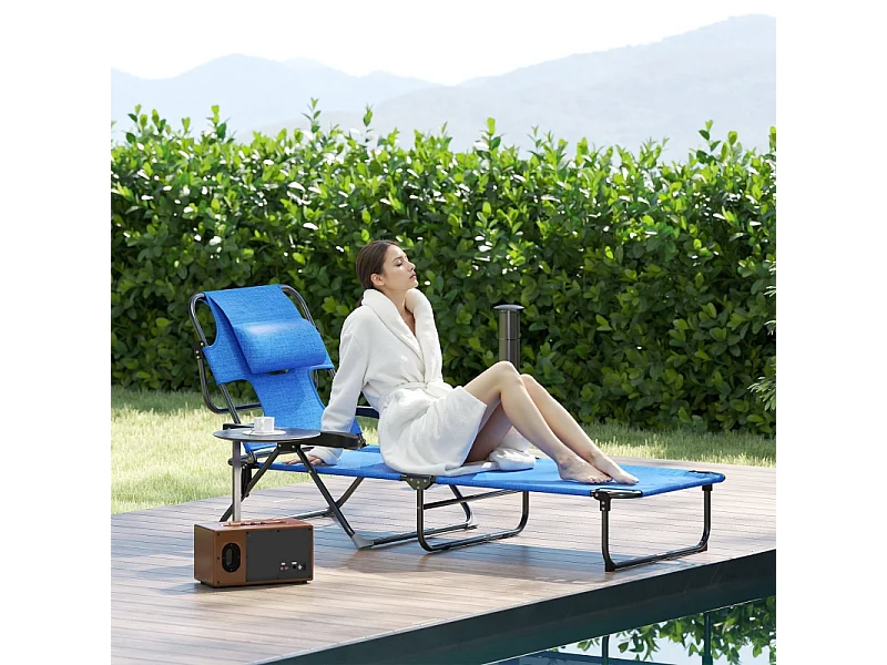 Chaise longue pliante, réglable et résistante aux intempéries, polyester, noir et bleu foncé (194x72x31 cm)