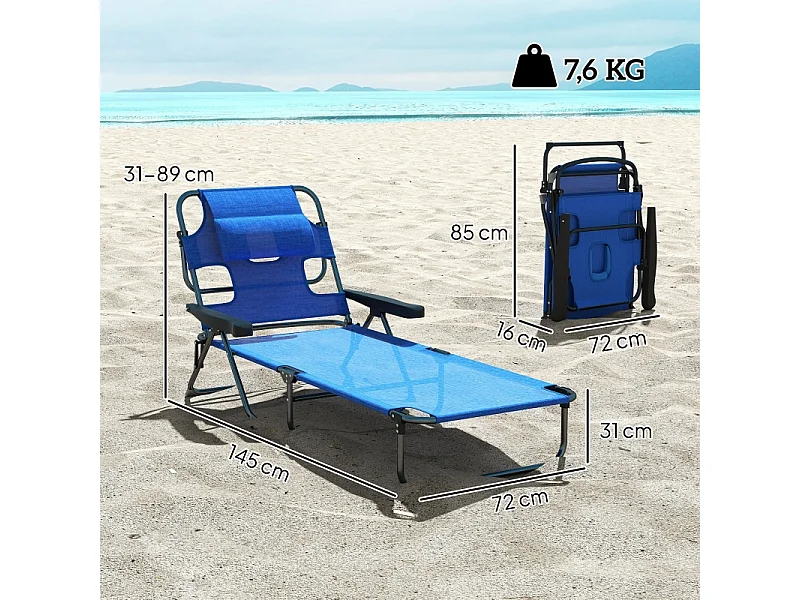 Chaise longue pliante, réglable et résistante aux intempéries, polyester, noir et bleu foncé (194x72x31 cm)