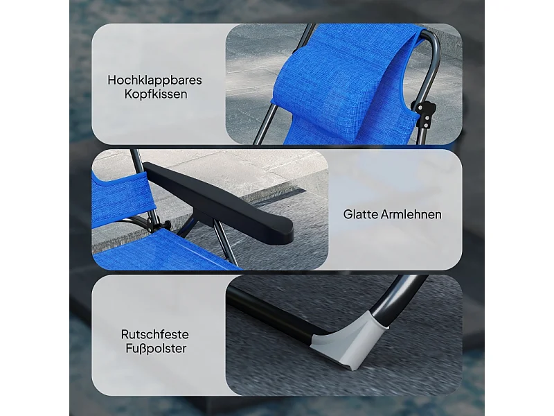 Chaise longue pliante, réglable et résistante aux intempéries, polyester, noir et bleu foncé (194x72x31 cm)