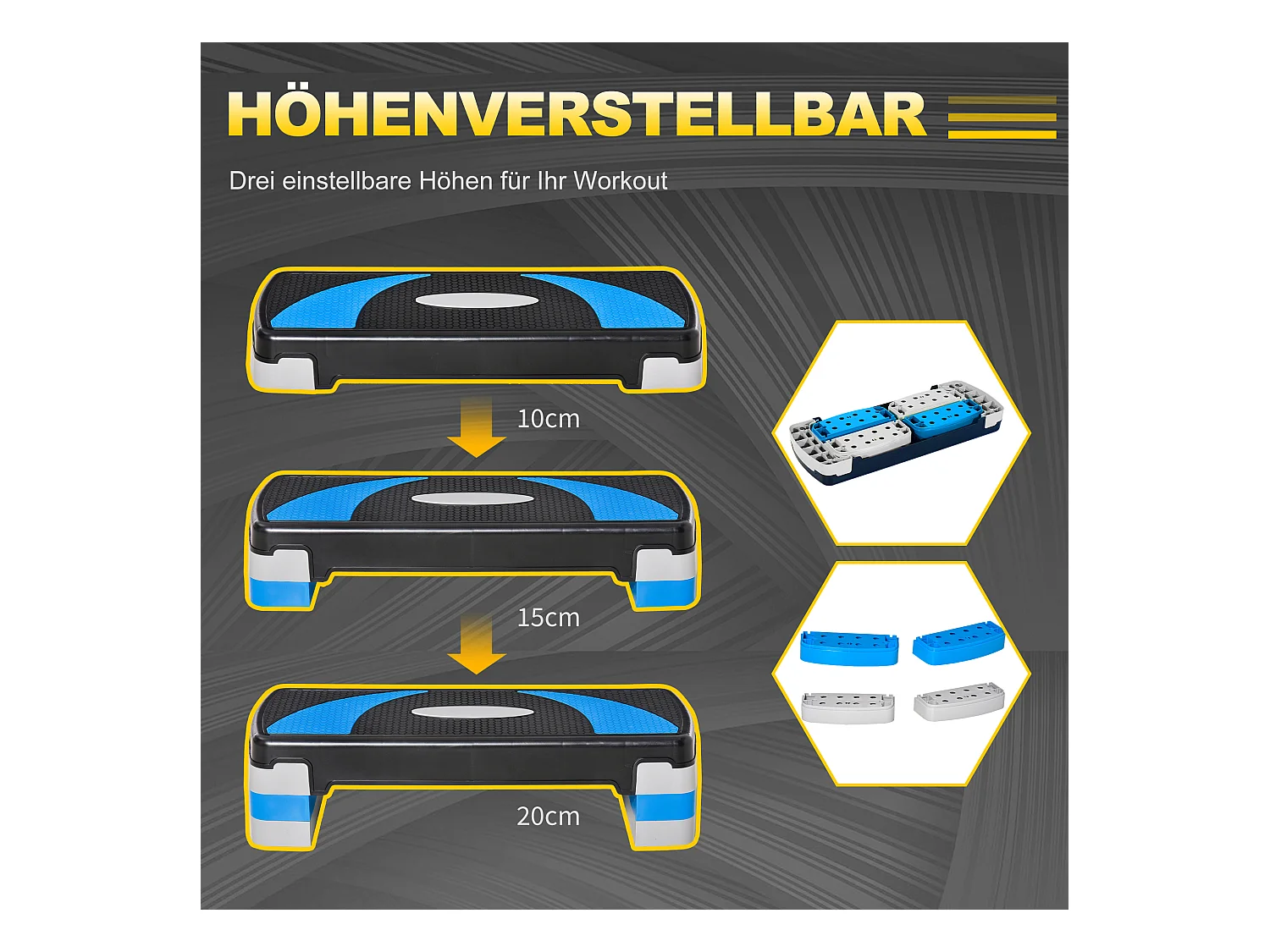 Stepper Aérobique Réglable, 3 hauteurs, Plastique, Bleu clair (80x31x10-20 cm)