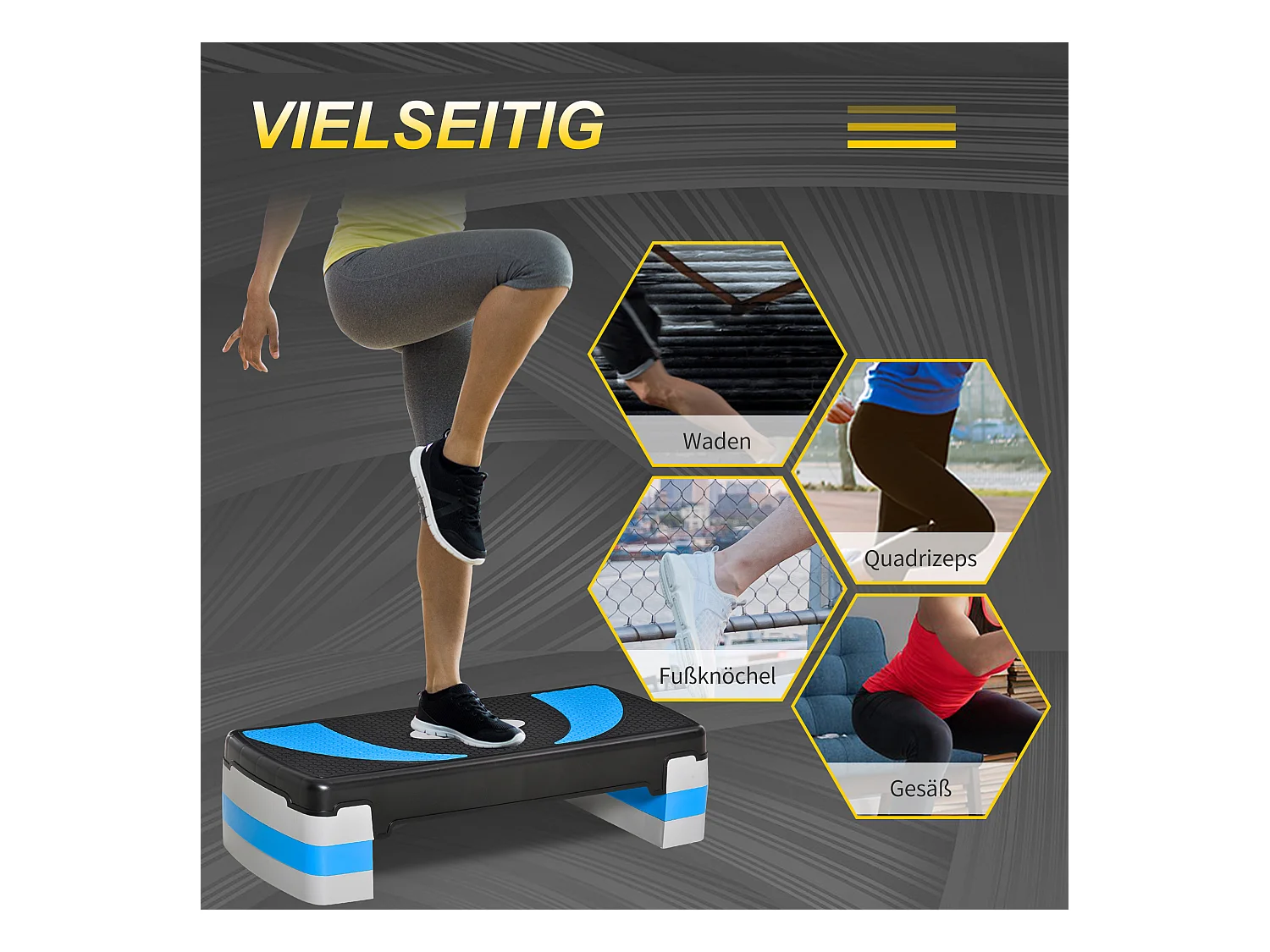 Stepper Aérobique Réglable, 3 hauteurs, Plastique, Bleu clair (80x31x10-20 cm)