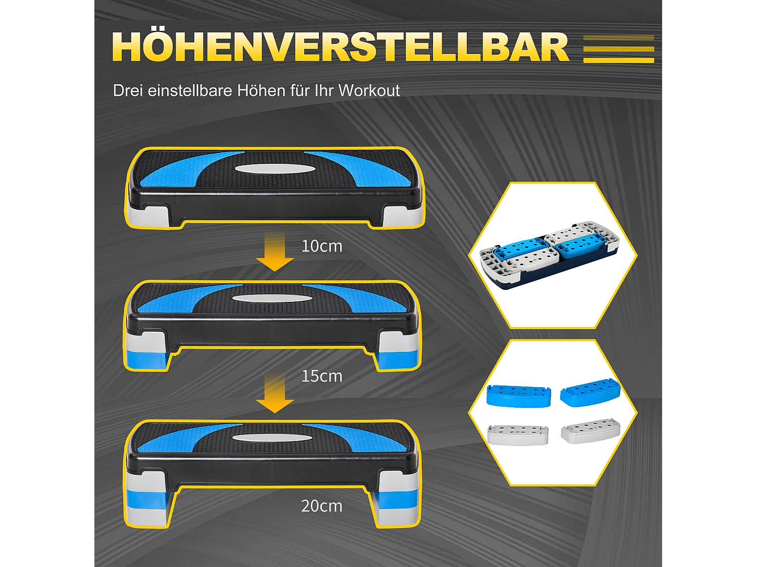 Stepper Aérobique Réglable, 3 hauteurs, Plastique, Bleu clair (80x31x10-20 cm)