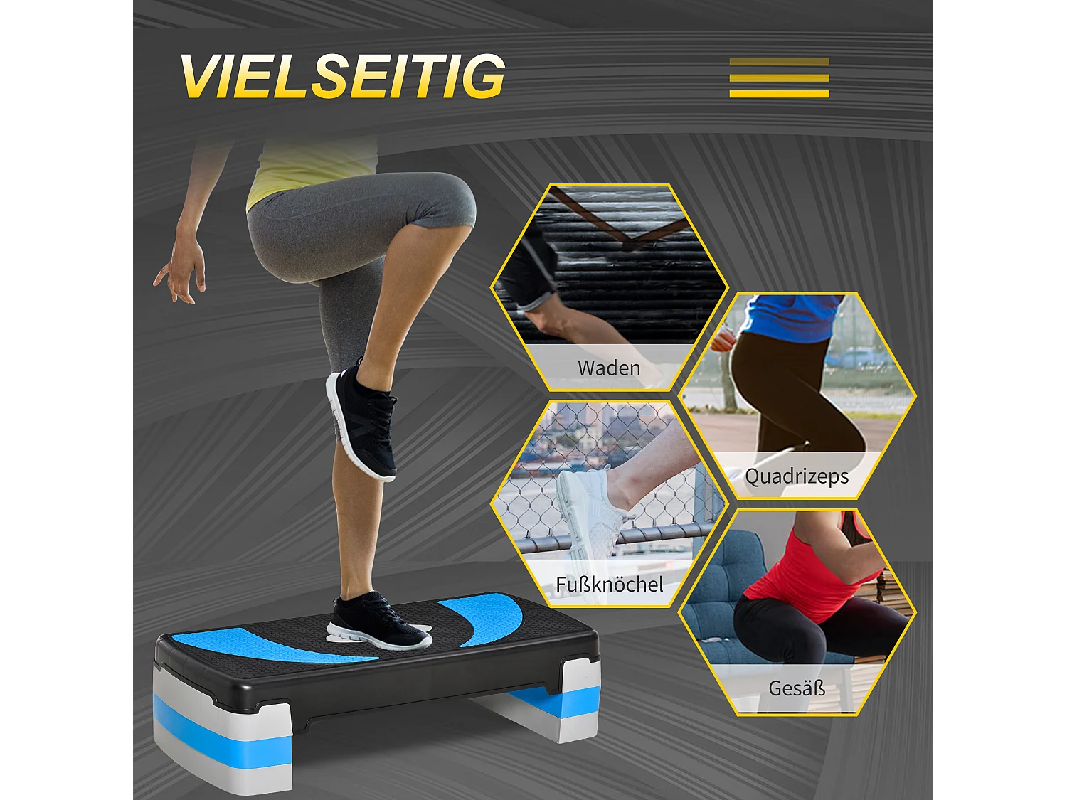 Stepper Aérobique Réglable, 3 hauteurs, Plastique, Bleu clair (80x31x10-20 cm)