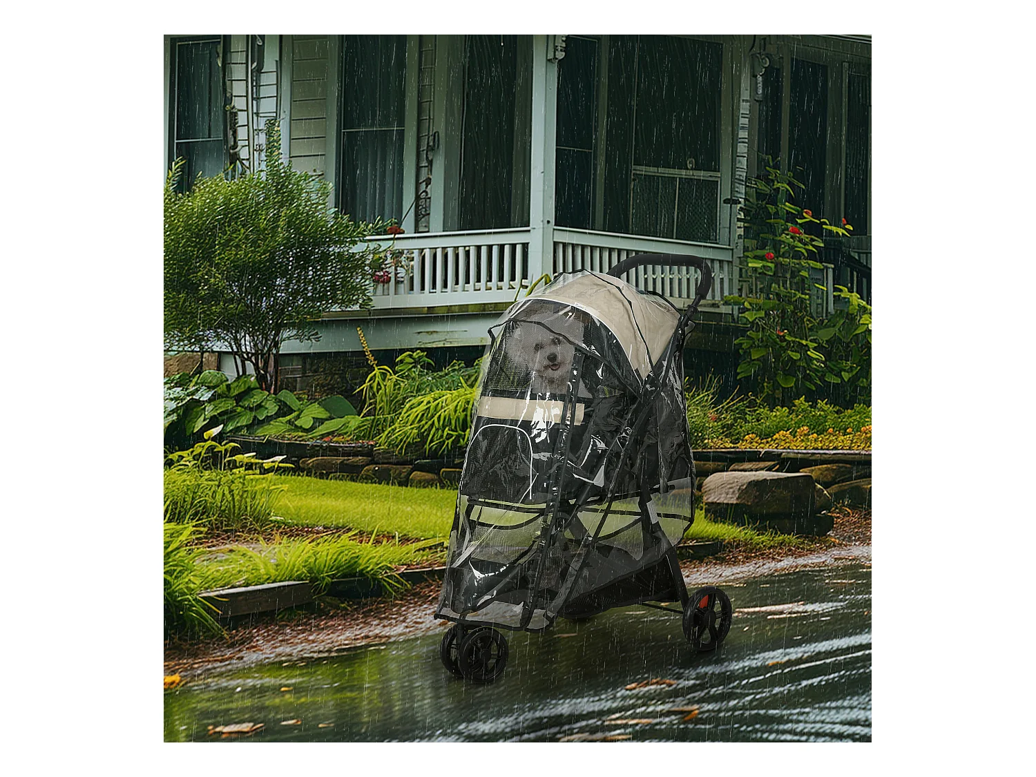 Poussette pliable pour chien et chat avec housse anti-pluie, polyester, kaki (80.5x51.5x100cm)