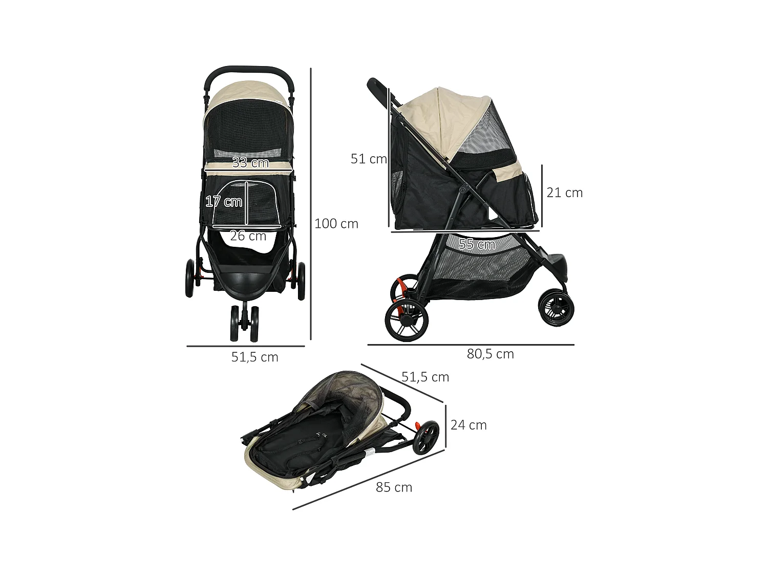 Poussette pliable pour chien et chat avec housse anti-pluie, polyester, kaki (80.5x51.5x100cm)