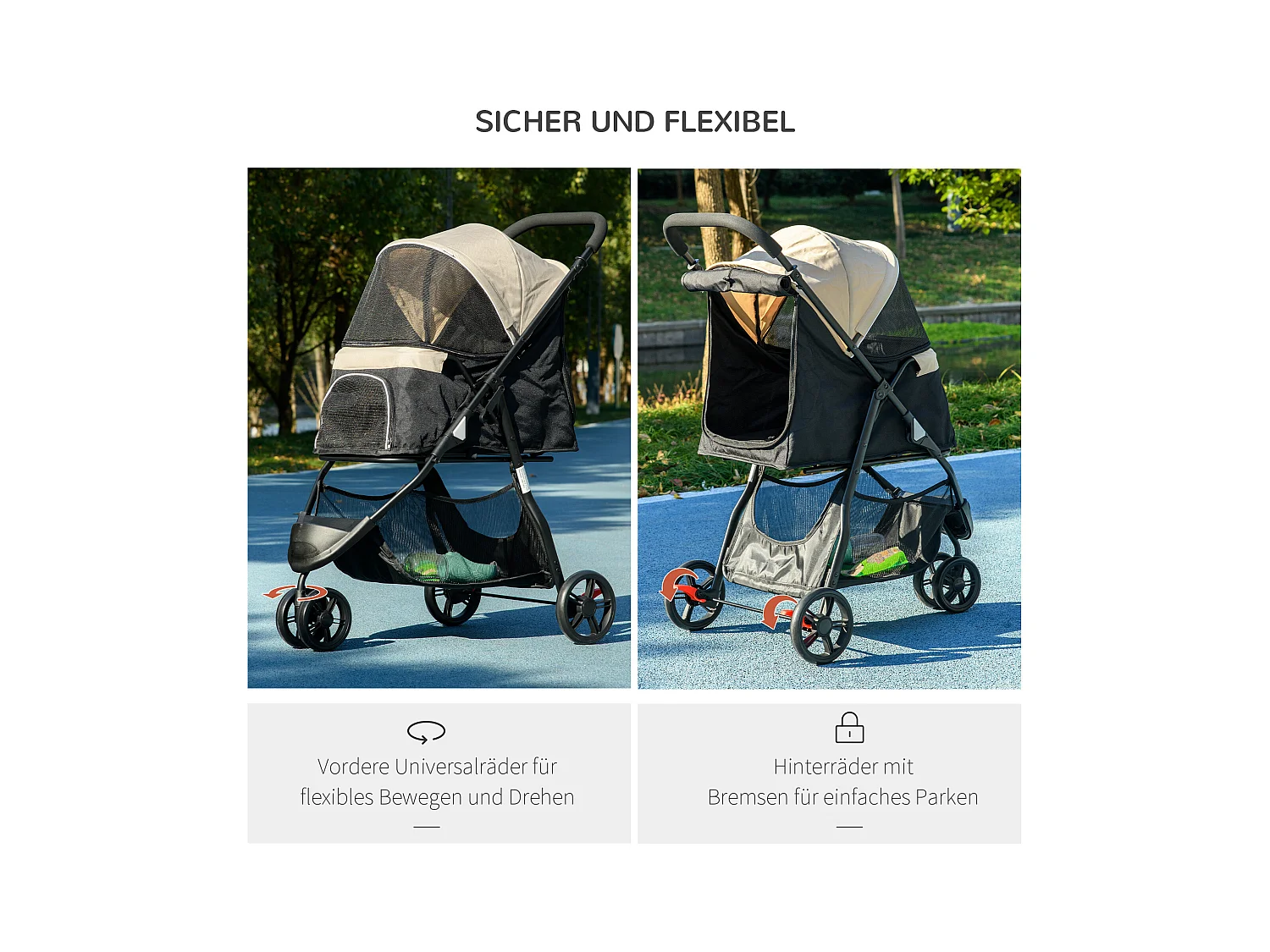 Poussette pliable pour chien et chat avec housse anti-pluie, polyester, kaki (80.5x51.5x100cm)