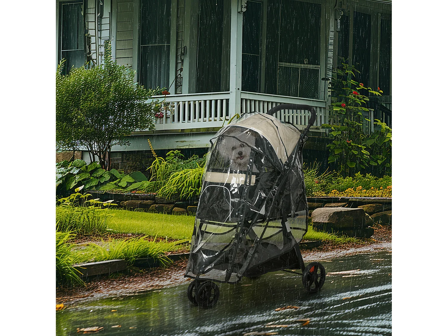 Poussette pliable pour chien et chat avec housse anti-pluie, polyester, kaki (80.5x51.5x100cm)