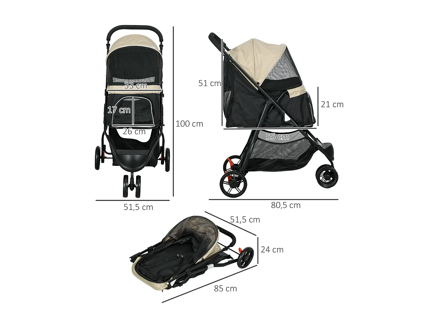 Poussette pliable pour chien et chat avec housse anti-pluie, polyester, kaki (80.5x51.5x100cm)