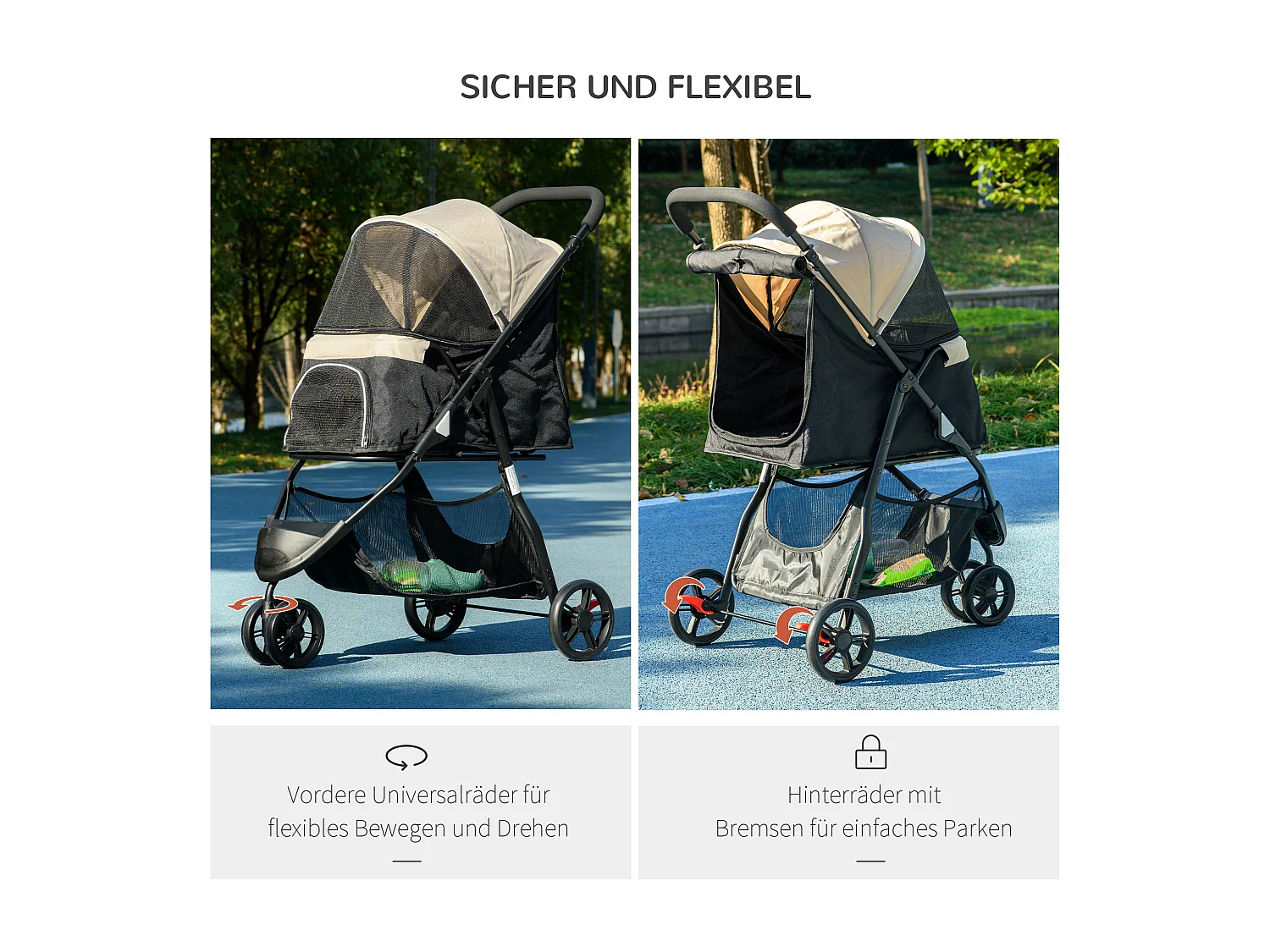 Poussette pliable pour chien et chat avec housse anti-pluie, polyester, kaki (80.5x51.5x100cm)