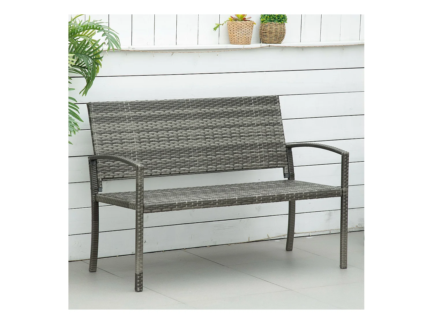 Banc de jardin 2 places en résine tressée, structure en acier, gris, résistant aux intempéries (122x60x85cm)