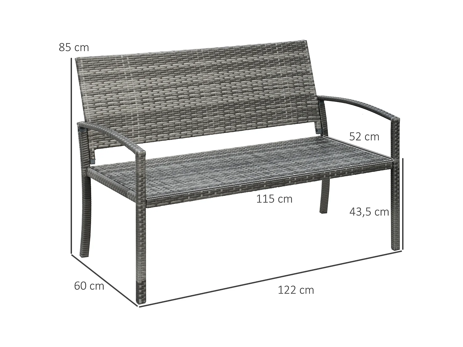 Banc de jardin 2 places en résine tressée, structure en acier, gris, résistant aux intempéries (122x60x85cm)