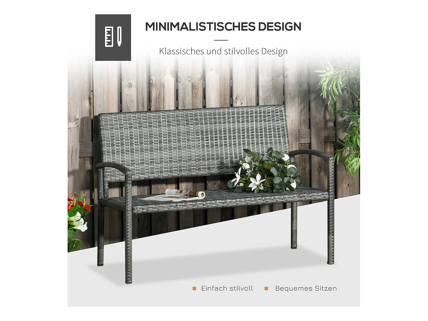 Banc de jardin 2 places en résine tressée, structure en acier, gris, résistant aux intempéries (122x60x85cm)