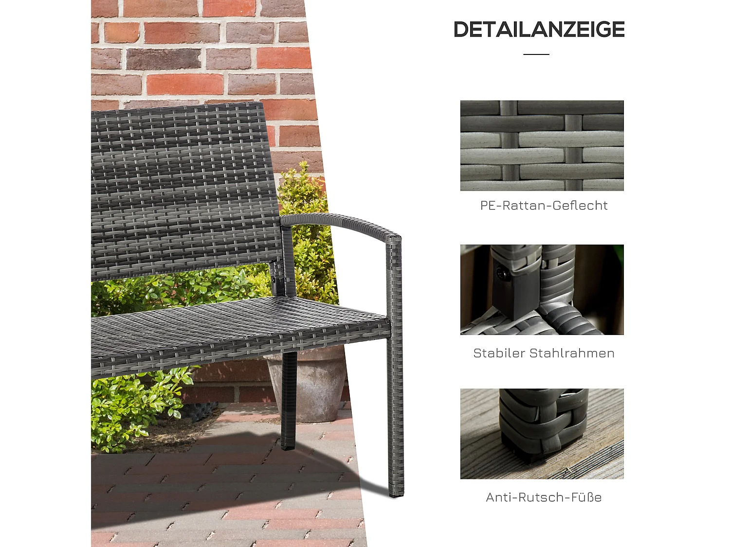 Banc de jardin 2 places en résine tressée, structure en acier, gris, résistant aux intempéries (122x60x85cm)