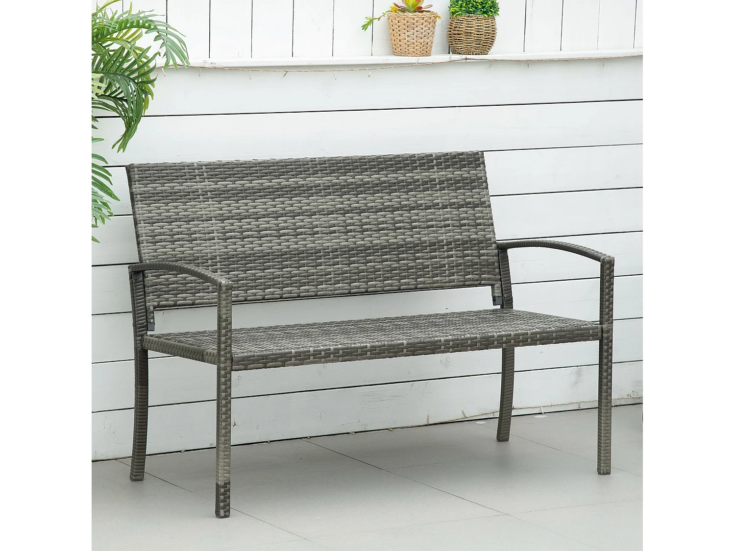 Banco de jardín de 2 plazas en resina de mimbre, estructura de acero, gris, resistente a la intemperie (122 x 60 x 85 cm)