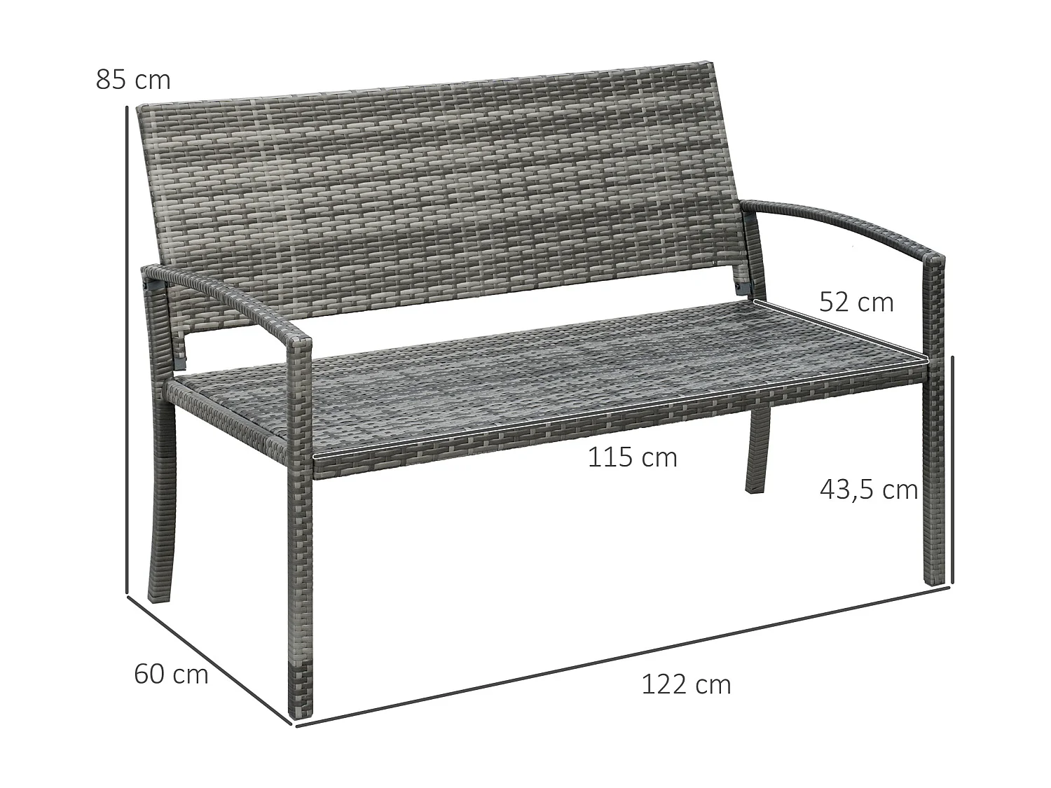 Banco de jardín de 2 plazas en resina de mimbre, estructura de acero, gris, resistente a la intemperie (122 x 60 x 85 cm)