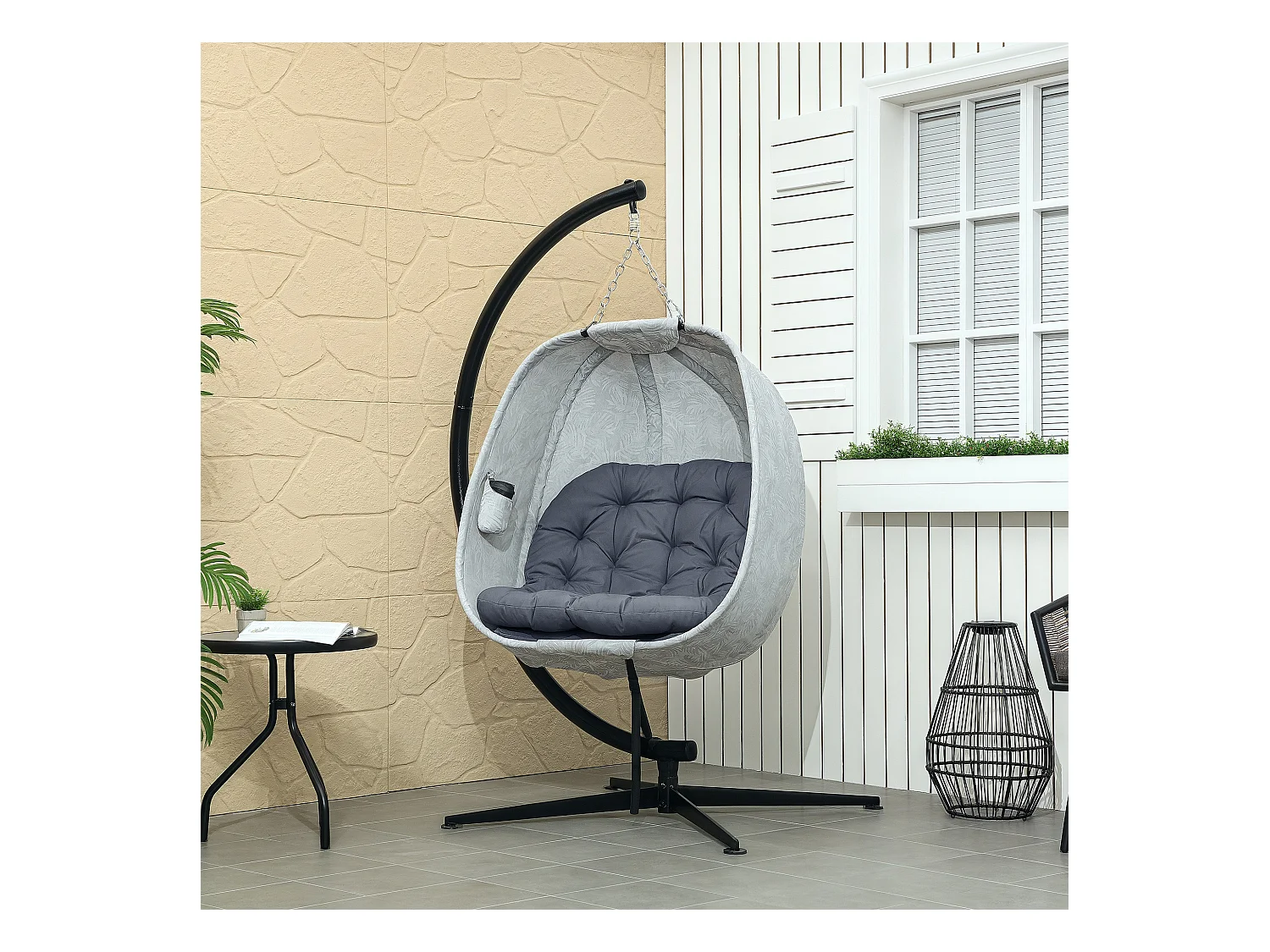 Hammac suspendu en forme d'œuf, pliable, avec structure en acier et coussin, gris (126x90x180cm)