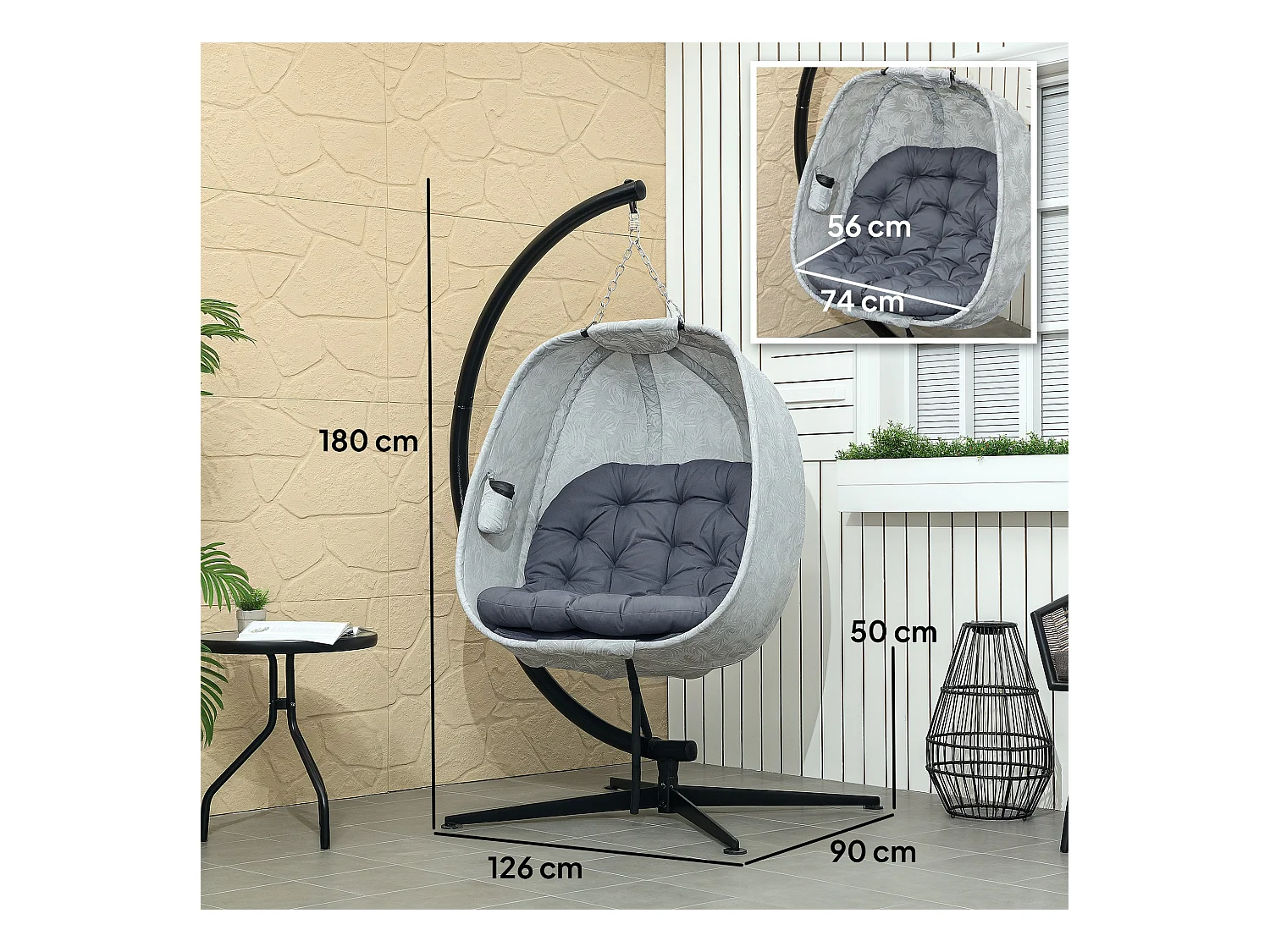 Hammac suspendu en forme d'œuf, pliable, avec structure en acier et coussin, gris (126x90x180cm)