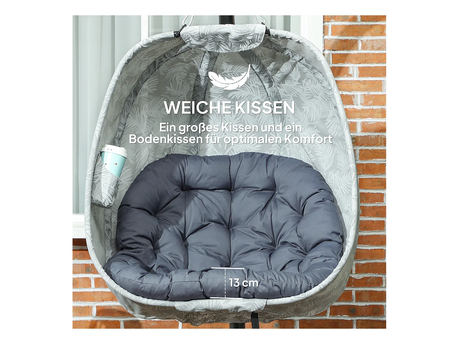 Hammac suspendu en forme d'œuf, pliable, avec structure en acier et coussin, gris (126x90x180cm)