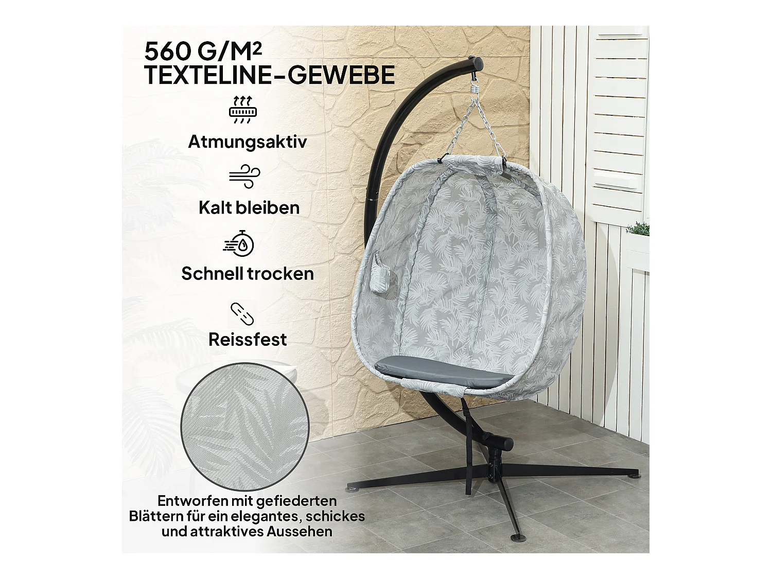 Hammac suspendu en forme d'œuf, pliable, avec structure en acier et coussin, gris (126x90x180cm)