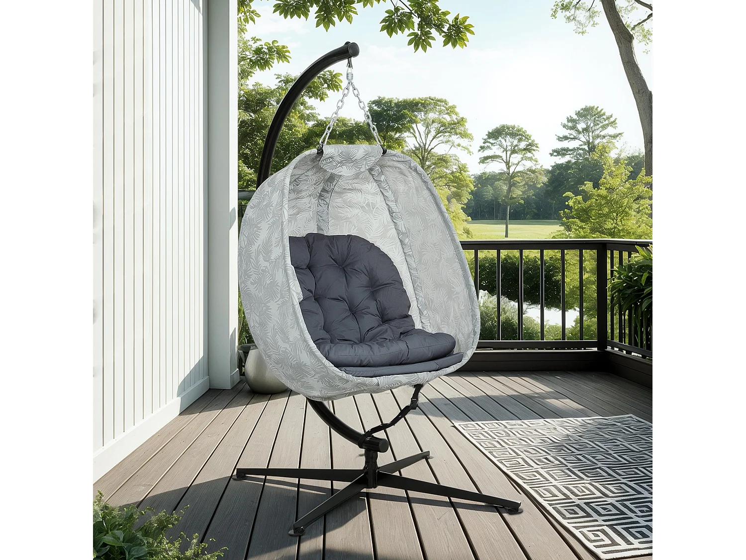 Hammac suspendu en forme d'œuf, pliable, avec structure en acier et coussin, gris (126x90x180cm)