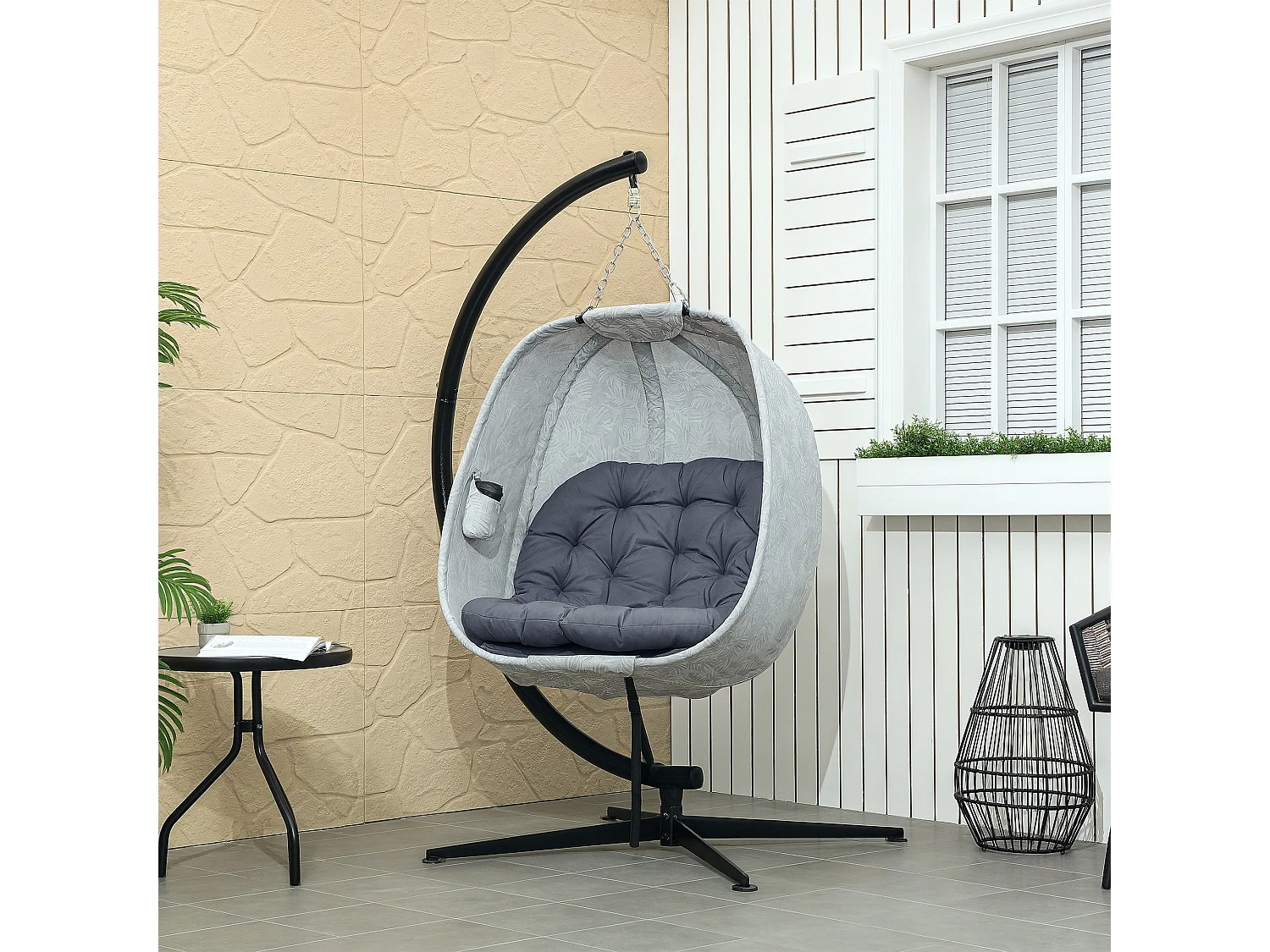 Hammac suspendu en forme d'œuf, pliable, avec structure en acier et coussin, gris (126x90x180cm)